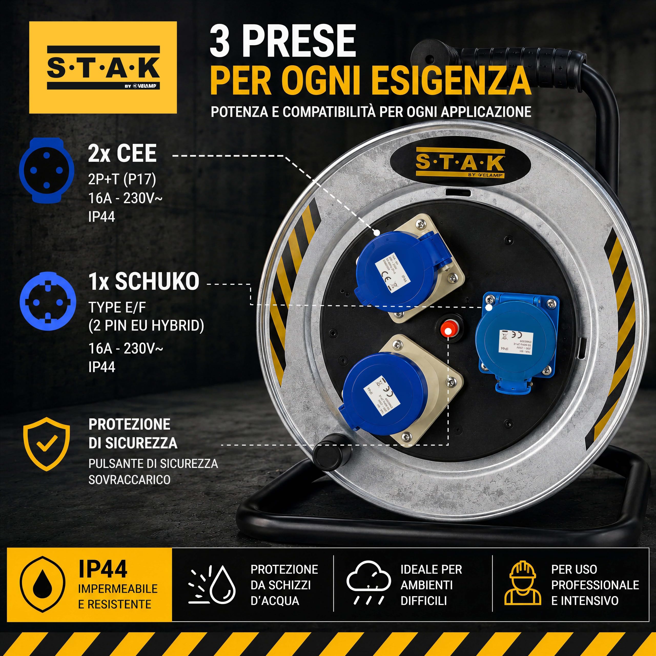 STAK Avvolgicavo Industriale Professionale 33 Metri IP44 con Cavo H07RN-F 3G2.5 mm², 2 Prese CEE + 1 Schuko, Spina CEE 16A, Prolunga Elettrica per Cantiere, Camper, Campeggio e Nautica