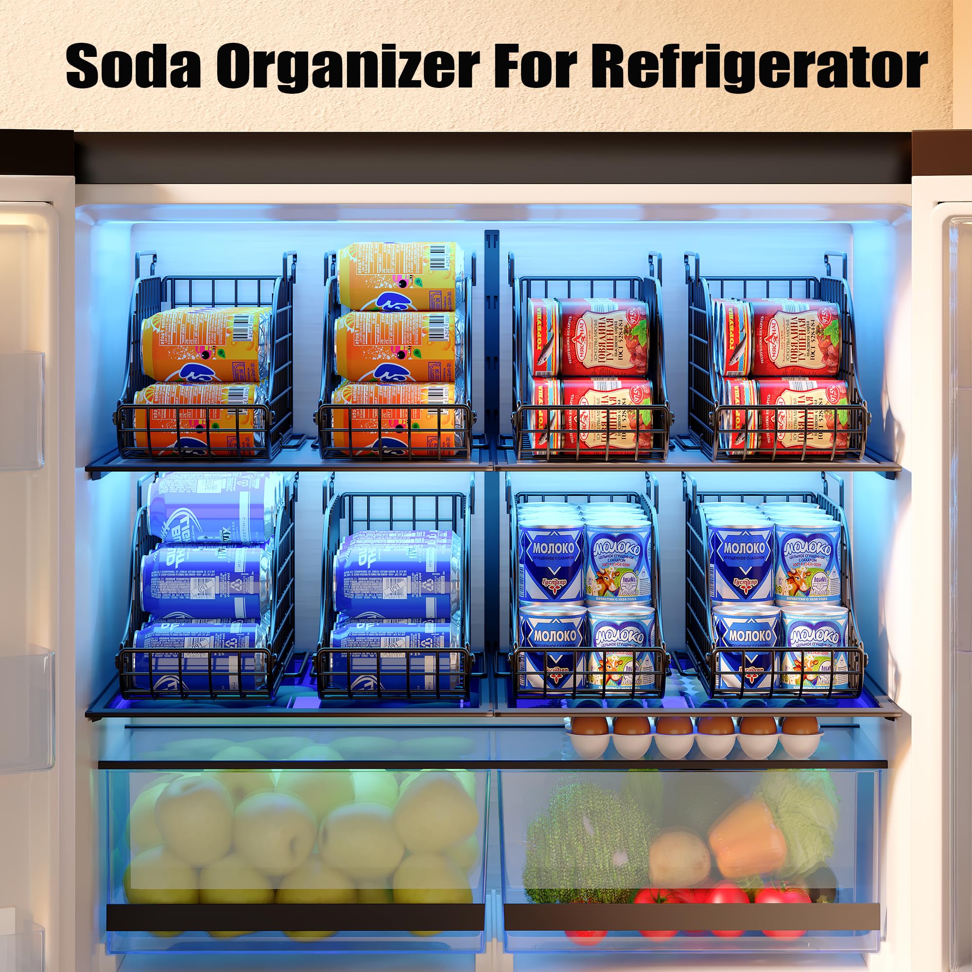 Paquete de 8 organizadores de latas para despensa, estantes apilables de soda para nevera, almacenamiento de armario de alambre, capacidad para hasta 72 cervezas, cubo de metal pequeño para bebidas 2