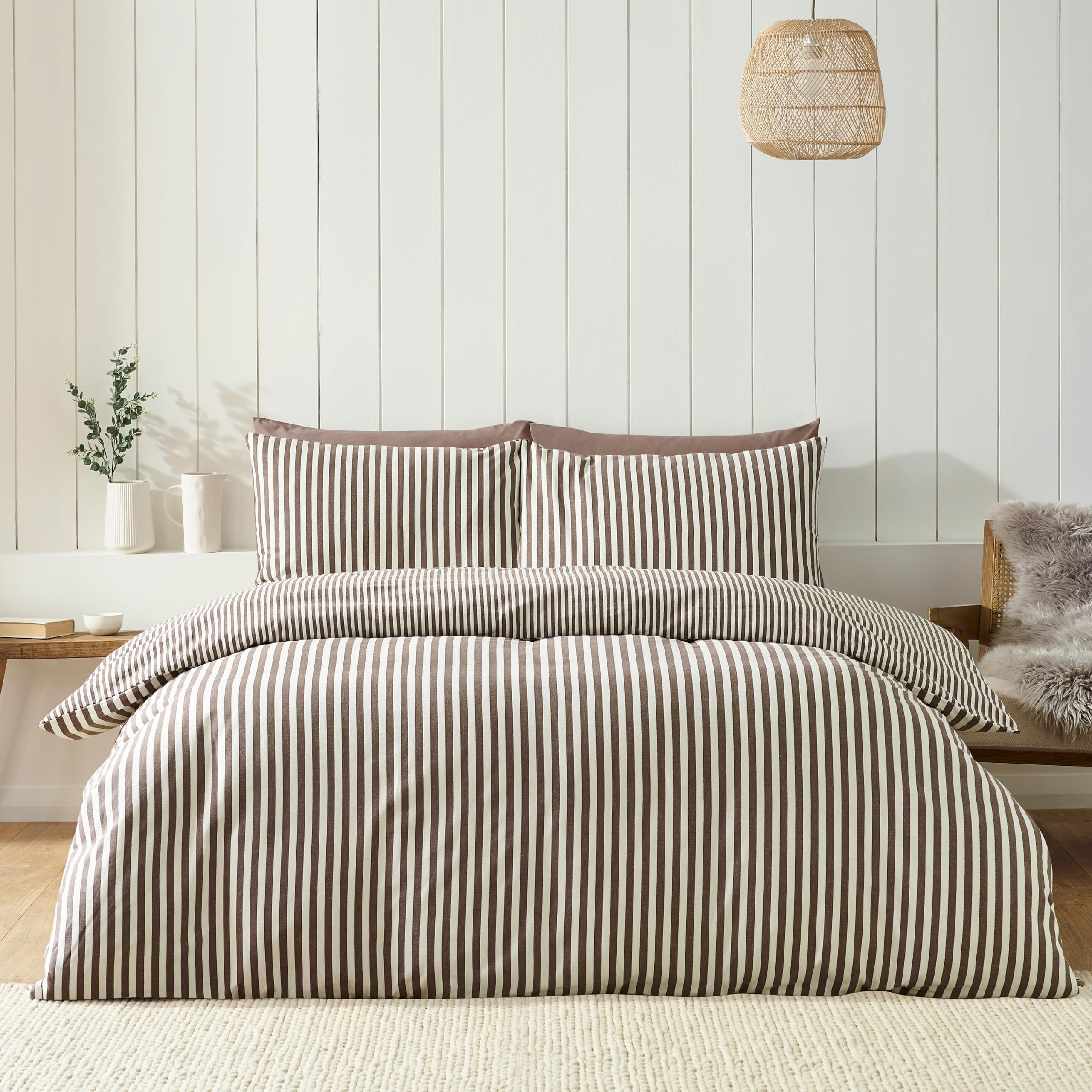Catherine Lansfield Brushed Stripe Single Duvet Cover Set Chocolate
