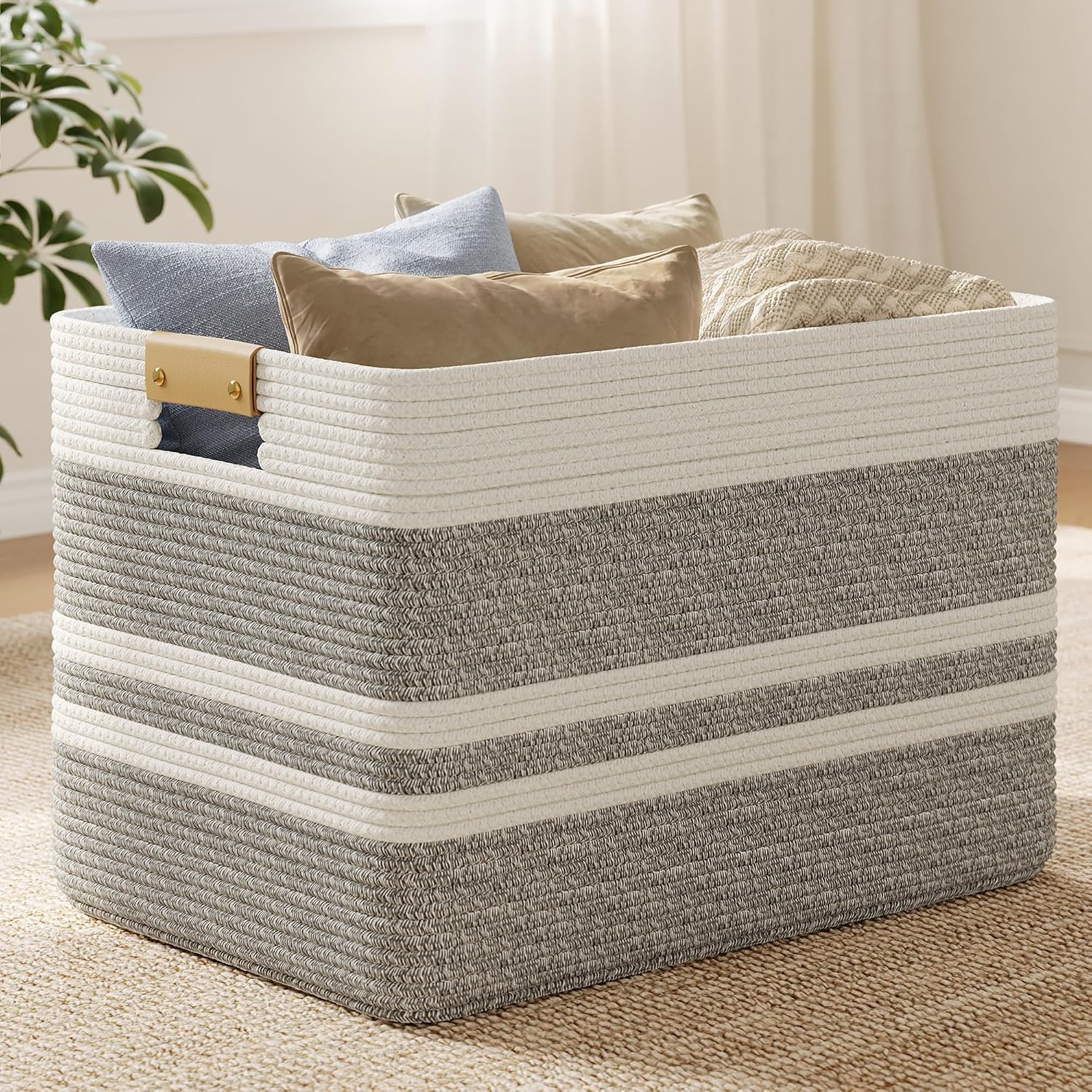 Nunsino 96L Woven Blanket Basket with Leather Handles, Cotton Rope Laundry Basket Hamper,Decorative Nursery Basket Toy Storage Basket for Kids,Living Room, Bedroom, Bathroom,Dark Brown