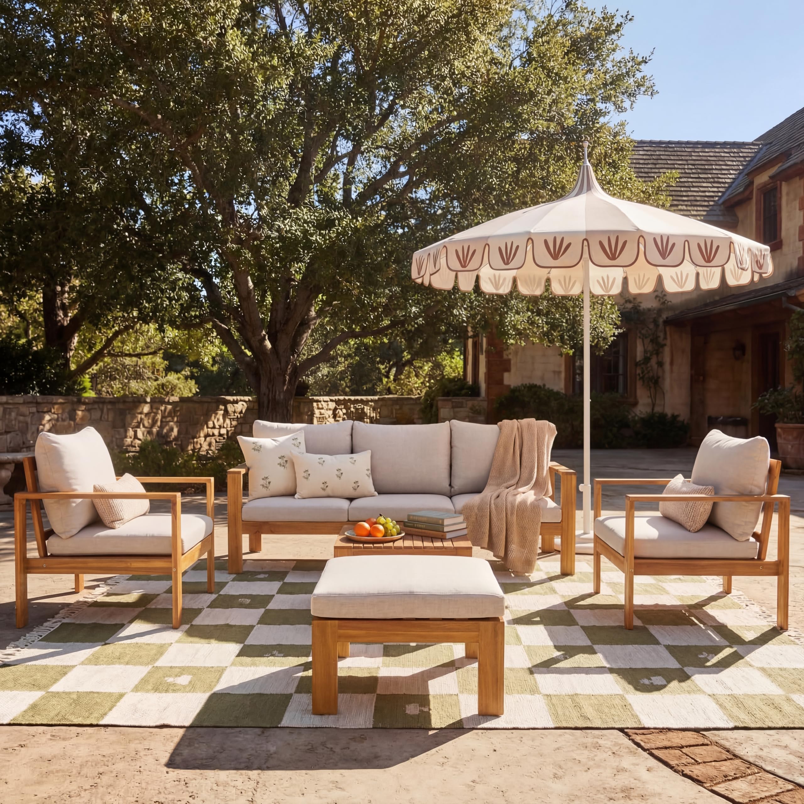 Photo 1 of Christopher Knight Home Kayahs 5 Pieces Acacia Wood Furniture Set, Patio Conversation Sofa Chat Set with Coffee Table and Ottoman, Outdoor Sectional Sofa Set for Backyard Balcony, Teak Finish+Beige