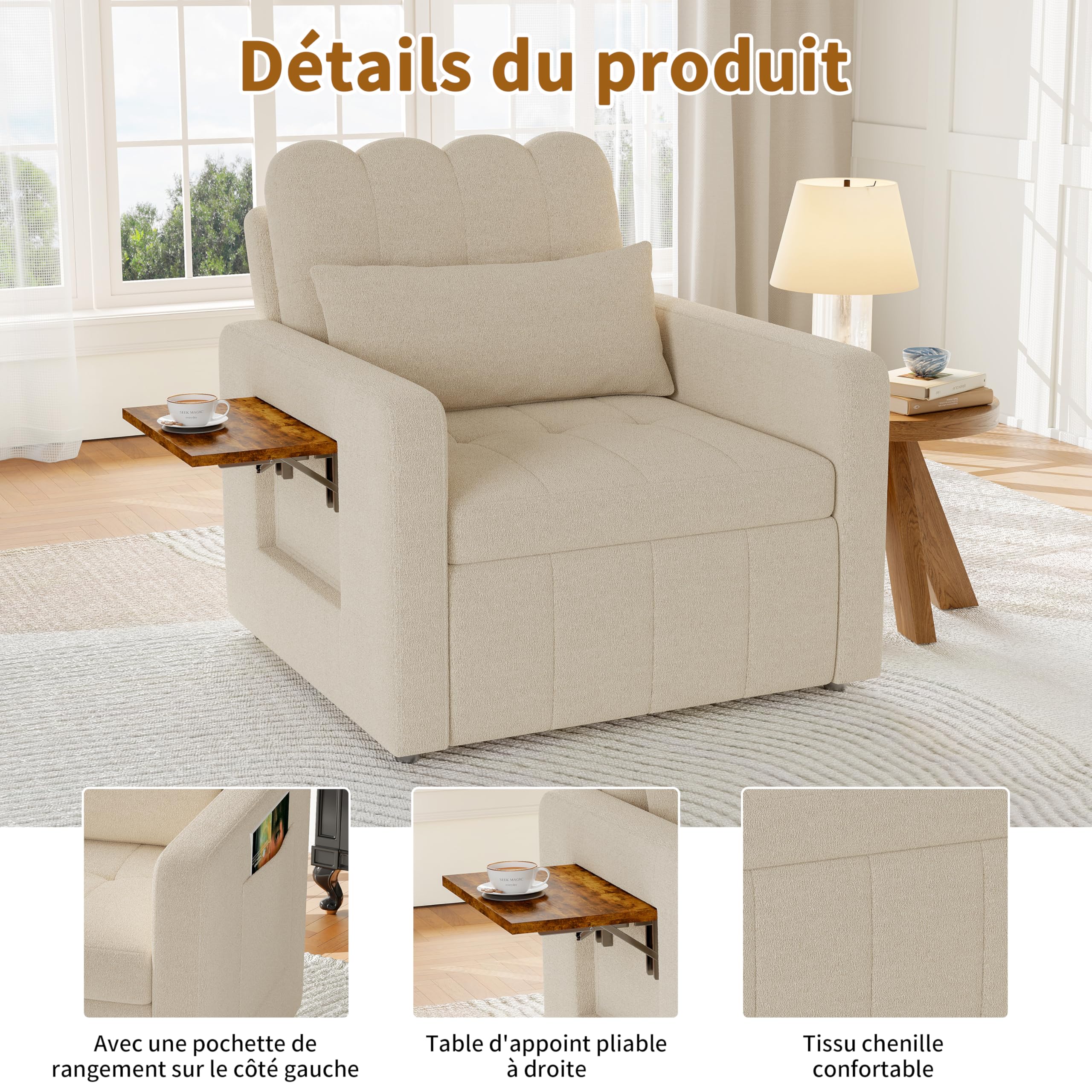 Fauteuil-lit 3 en 1 Convertible 1 Place, Canapé lit Simple avec Coussin Dossier réglable, Fauteuil Convertible avec Sac et 1 Porte-gobelets, pour Pet012it Appartement