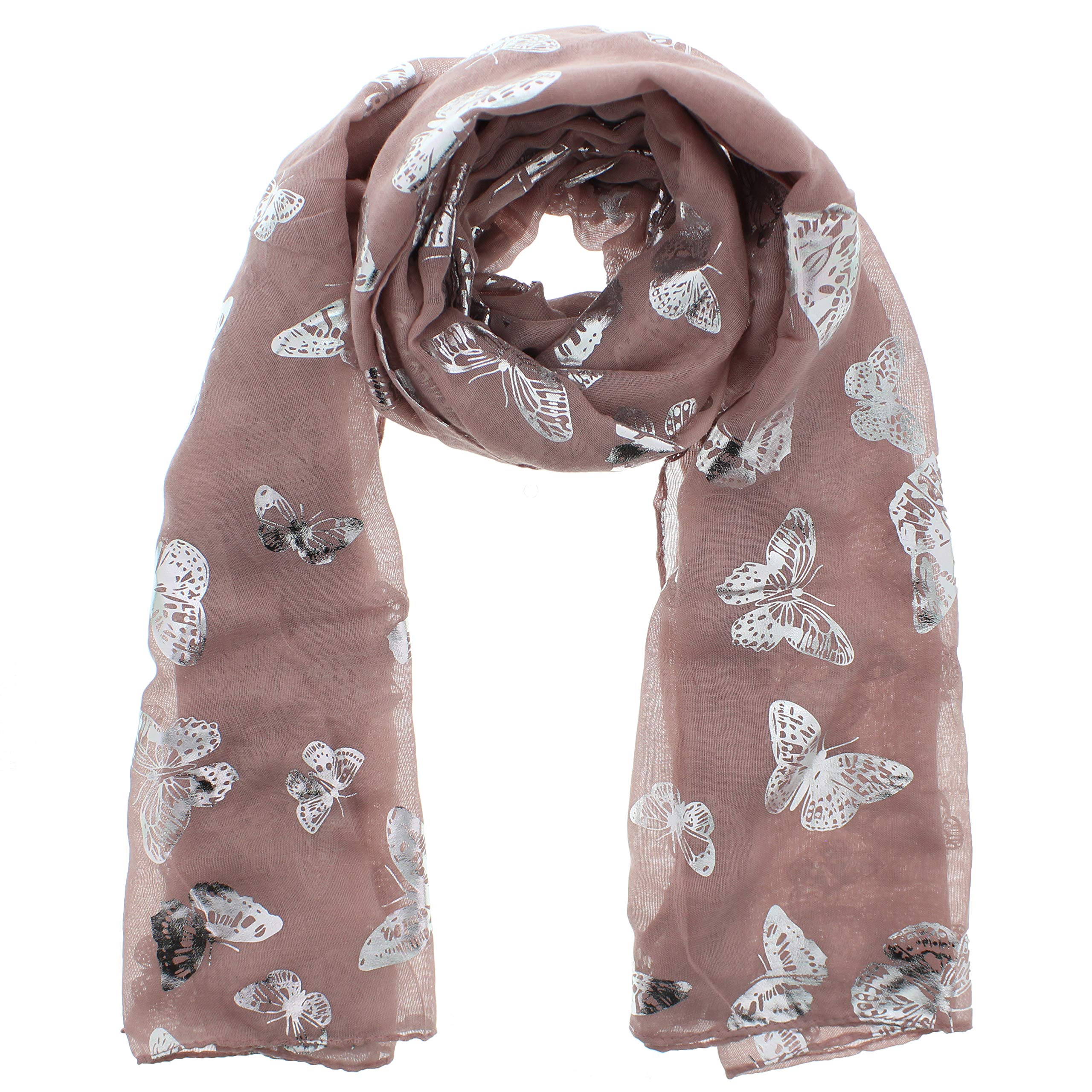 Zac's Alter Ego Women's Blush Scarf With Silver Foil Metallic Glitter Butterfly Print