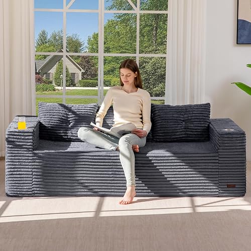 MAXYOYO 79" Oversized Boneless Loveseat Sofa Couch for Small Spaces, Mini Love Seat Floor Couch with Cup Holders and Pillows, 3-Seater Upholstered Cloud Couch for Bedroom, No Assembly Required