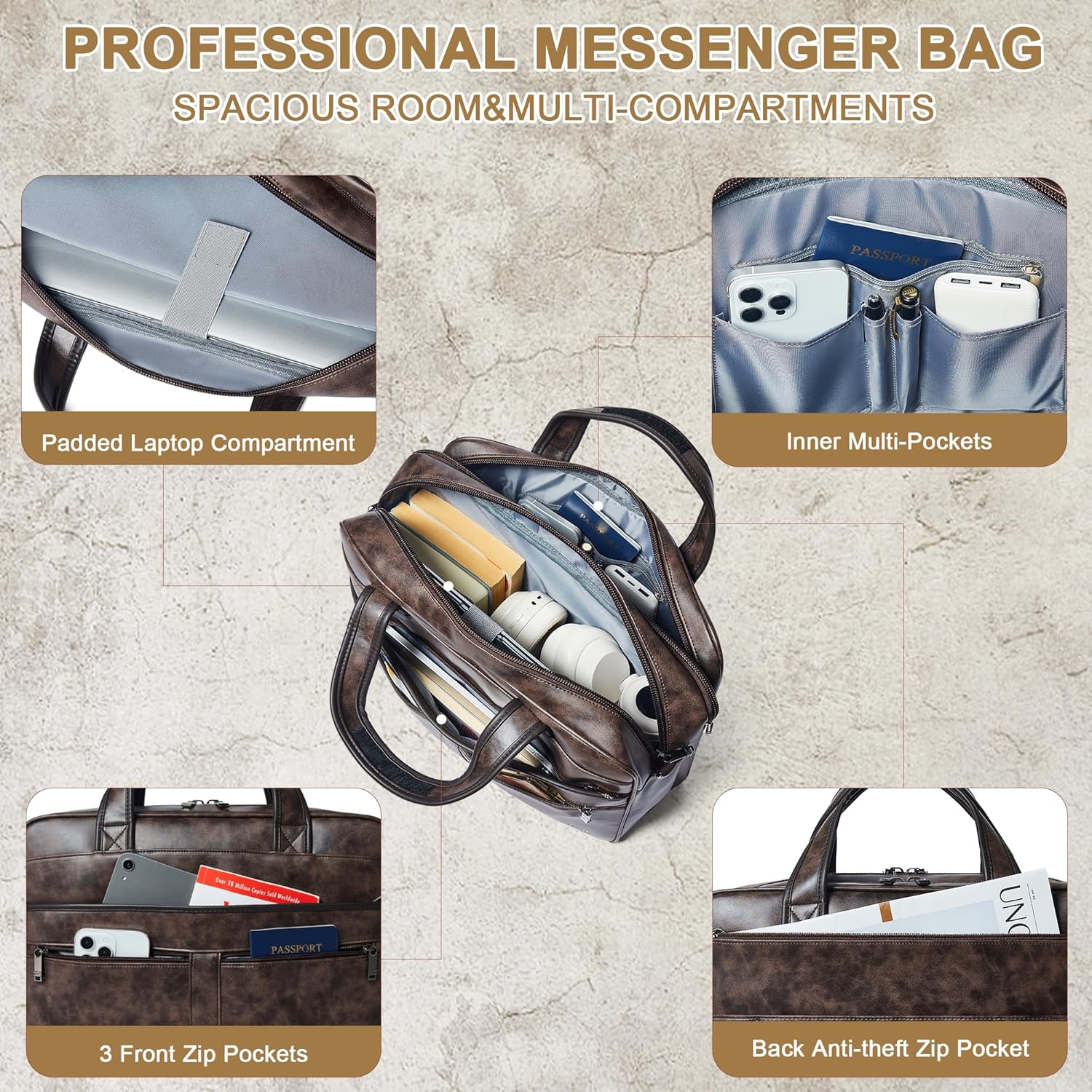 Shrrie Leather Messenger Bag for Men&Women 16 inch Laptop Bag,Water-Resistant Retro Leather Briefcase for Men Business,Work - Image 4