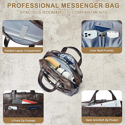 Miniatura 4 de Shrrie Bolsa de mensajero de cuero para hombres y mujeres, bolsa para laptop de 16 pulgadas, resistente al agua