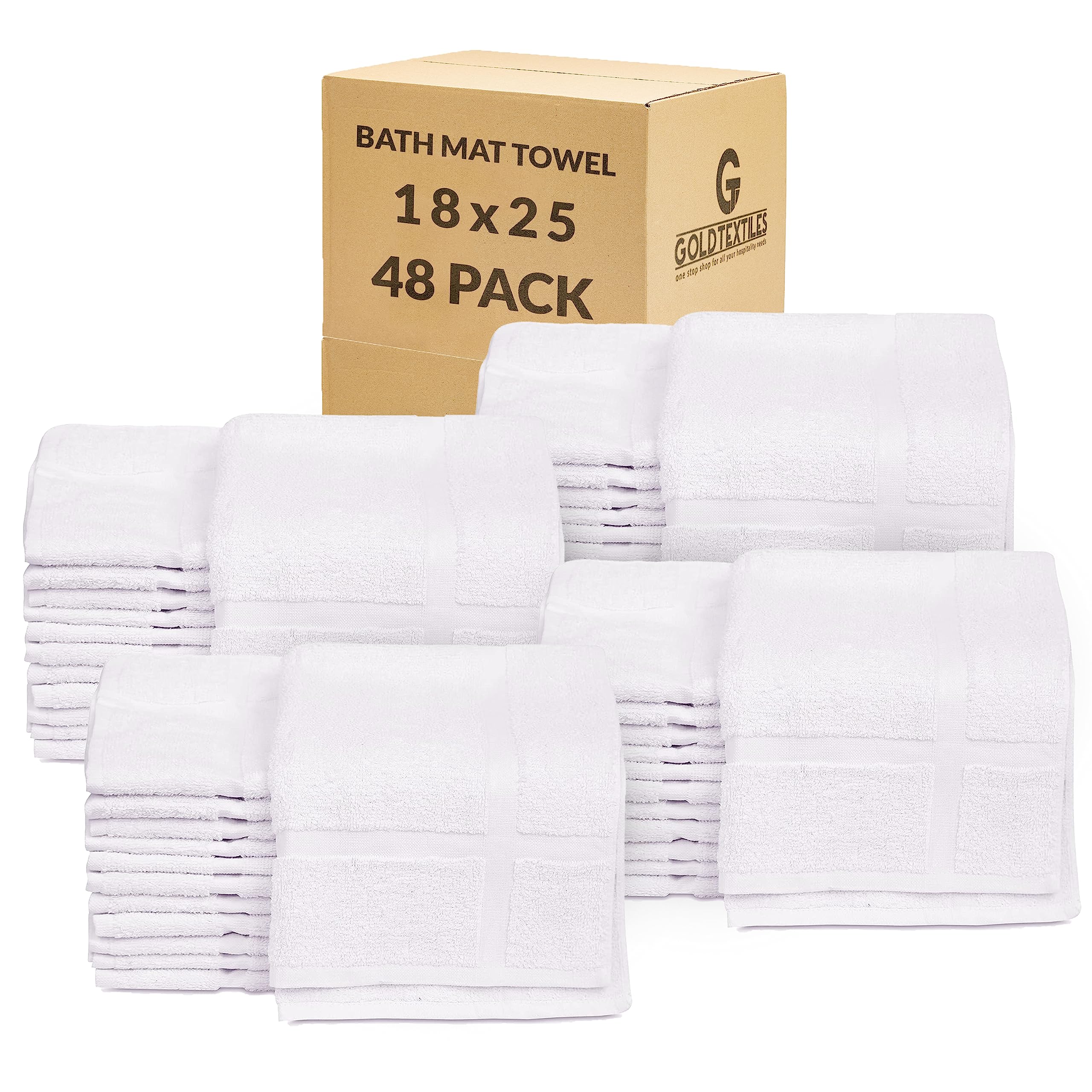 GOLD TEXTILES Cotton Blend Economy White Hotel Bath Mat Towel (18x25 Inches) Light Weight Quick Drying & Machine Washable (48 Pack)