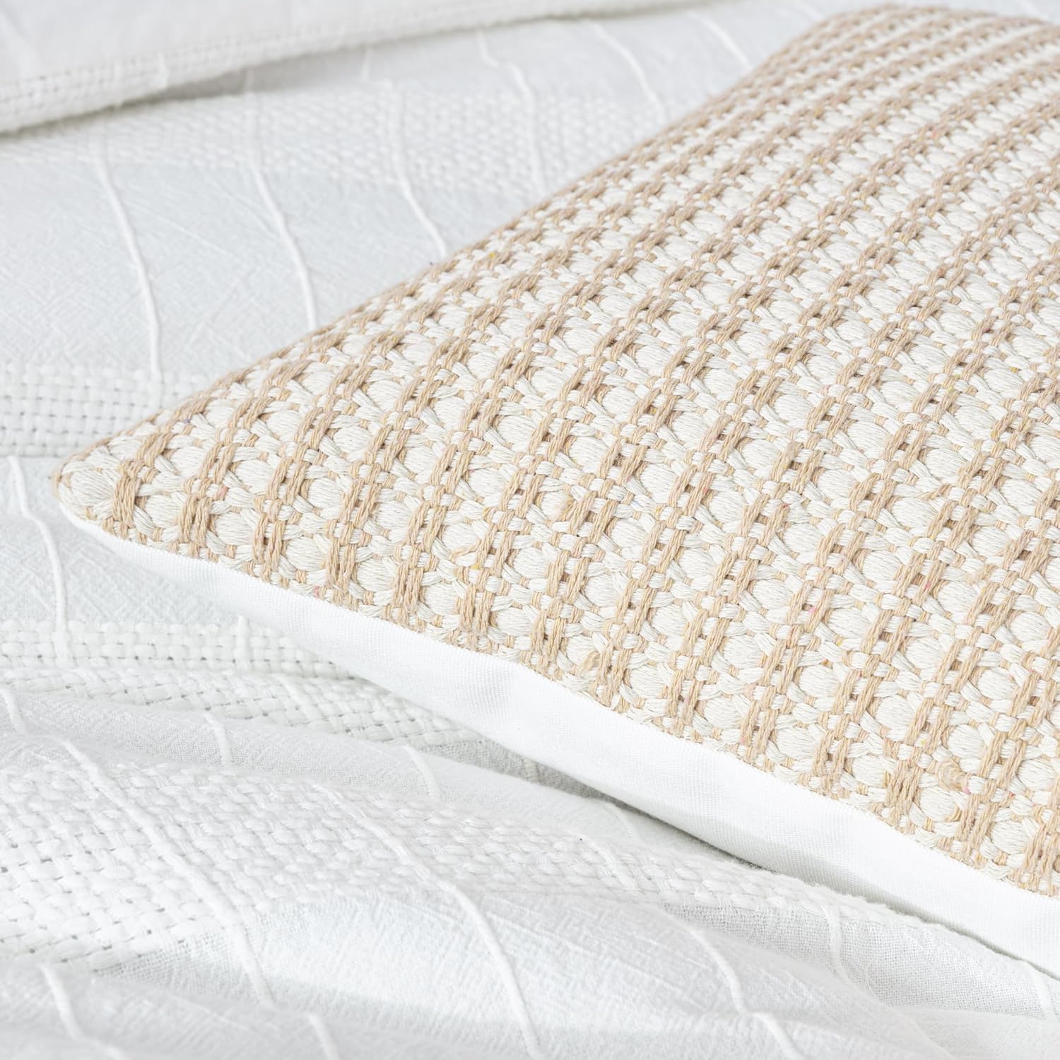 Chezmoi Collection 4-Piece Clip Jacquard Cotton Comforter Set Queen, Boho Chic Textured Tufted Basketweave Striped Bedding with Textured Woven Pillow Cushion, White