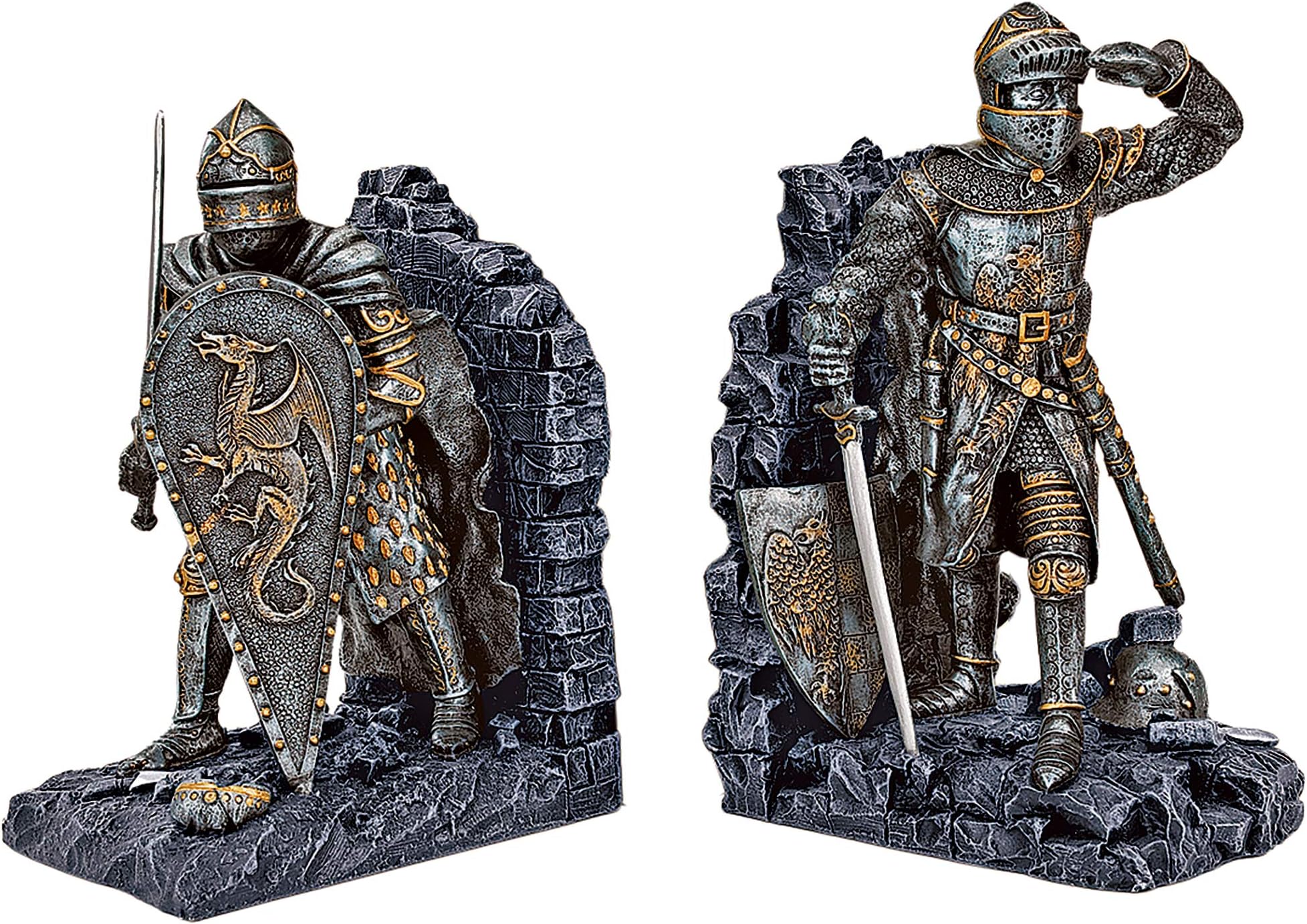 Design Toscano Arthurian Knight Medieval Decor Bookend Statues, 20.3 cm, Set Of Two, Grey Stone