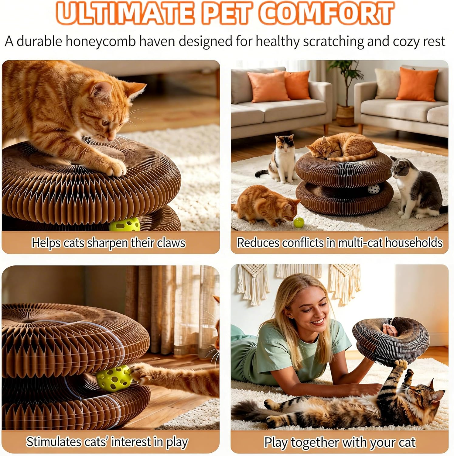 Twisty Paws Cat Toy - 2 Pack Magic Organ Kitty Curl Scratcher, Interactive Magnetic Cardboard Shape Shifting, Reversible Accordion Kurlz Board with Bell-Ball for Indoor Cats