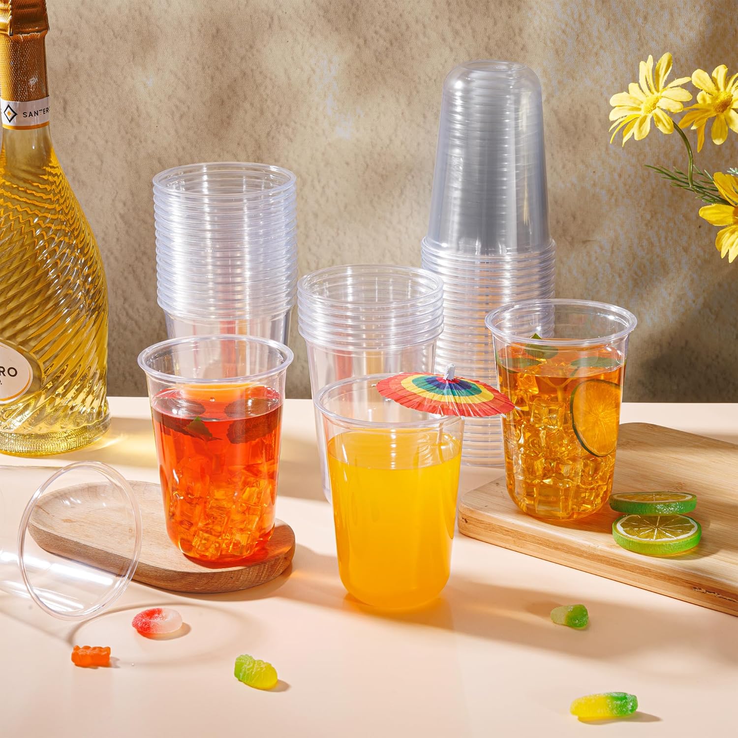 KesaPlan 100 Pcs 16oz Clear Plastic Cups Disposable Wine Cups Round Bottom Stemless Disposable Wine Glasses for Cocktails Birthdays Weddings Party Supplies