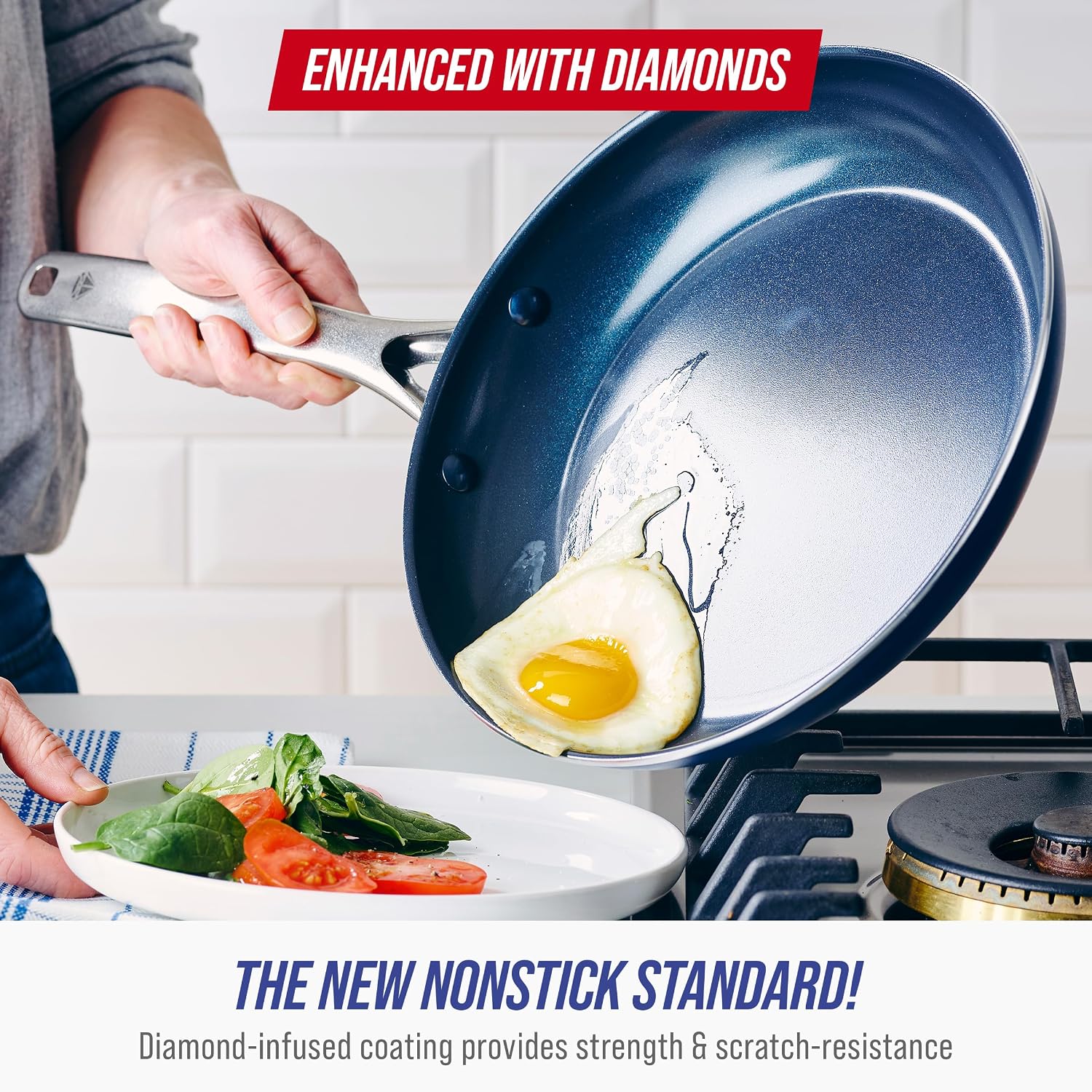 Blue Diamond 12 Piece Nonstick Cookware Set, Diamond Ceramic Pots & Pans, Dishwasher & Metal Utensil Safe, Non Toxic PFAS-Free, Kitchen Cooking Sauce & Saute Pans, Oven & Broiler to 600F, Blue