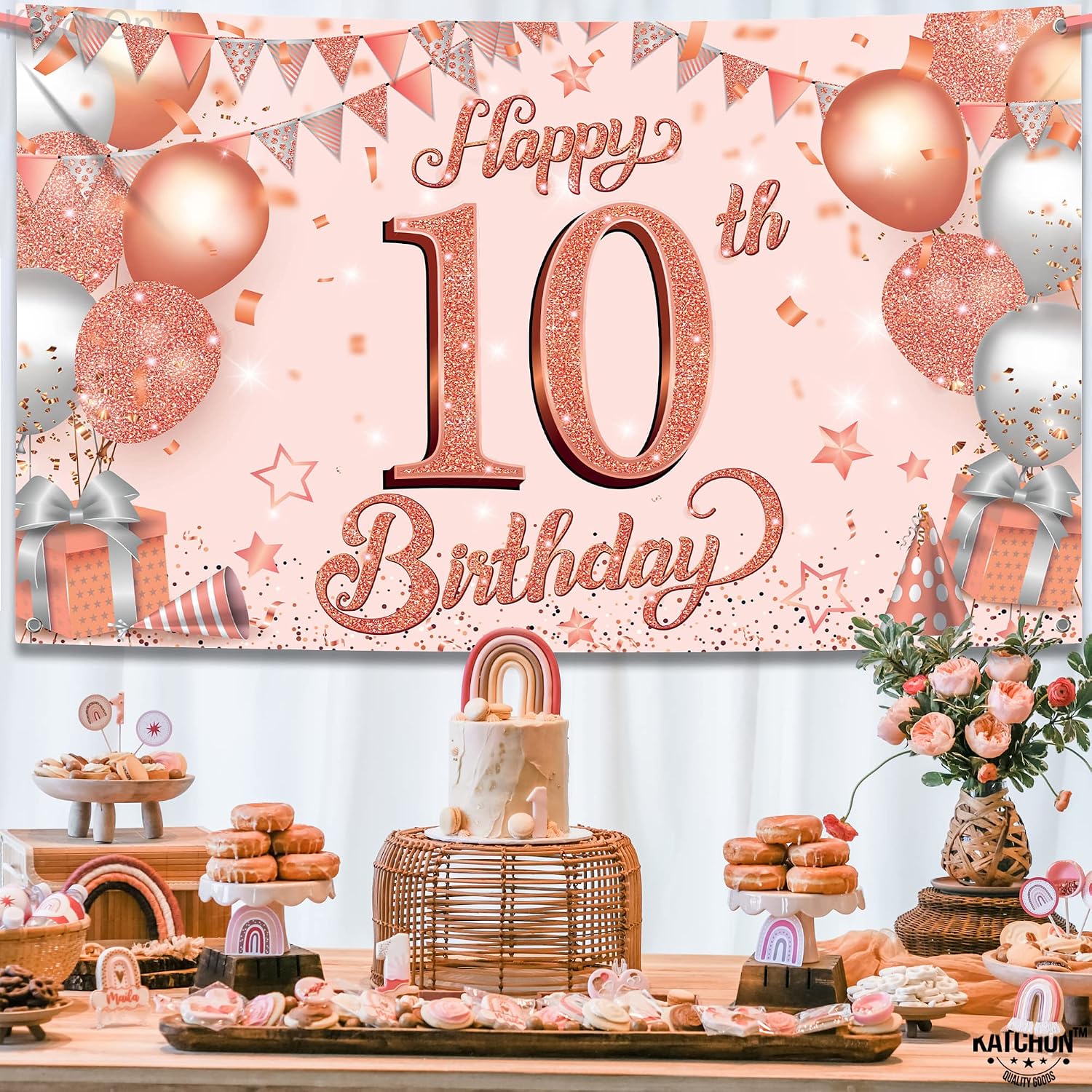 KatchOn, Rose Gold Happy 10th Birthday Banner - Xtralarge, 72 X 44 Inch | Happy Birthday Banner for Girls | Rose Gold Birthday Decorations for Girl | Happy 10th Birthday Backdrop for Girls