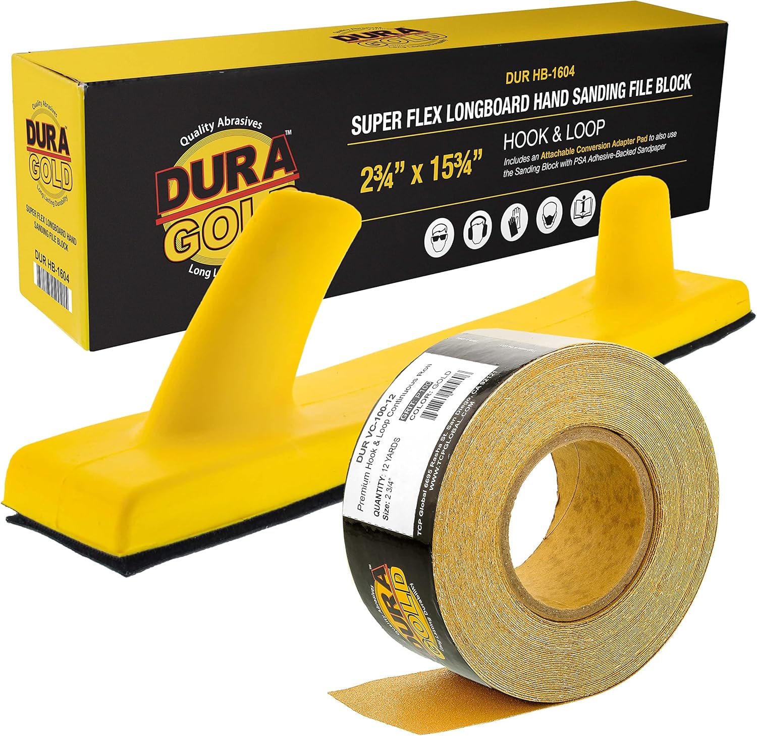 Dura-Gold Pro Series Super Flex Longboard Hand Sanding File Block with Hook & Loop Backing and PSA Adapter Pad & 100 Grit Sandpaper Roll, 2-3/4" Wide, 12 Yards Long