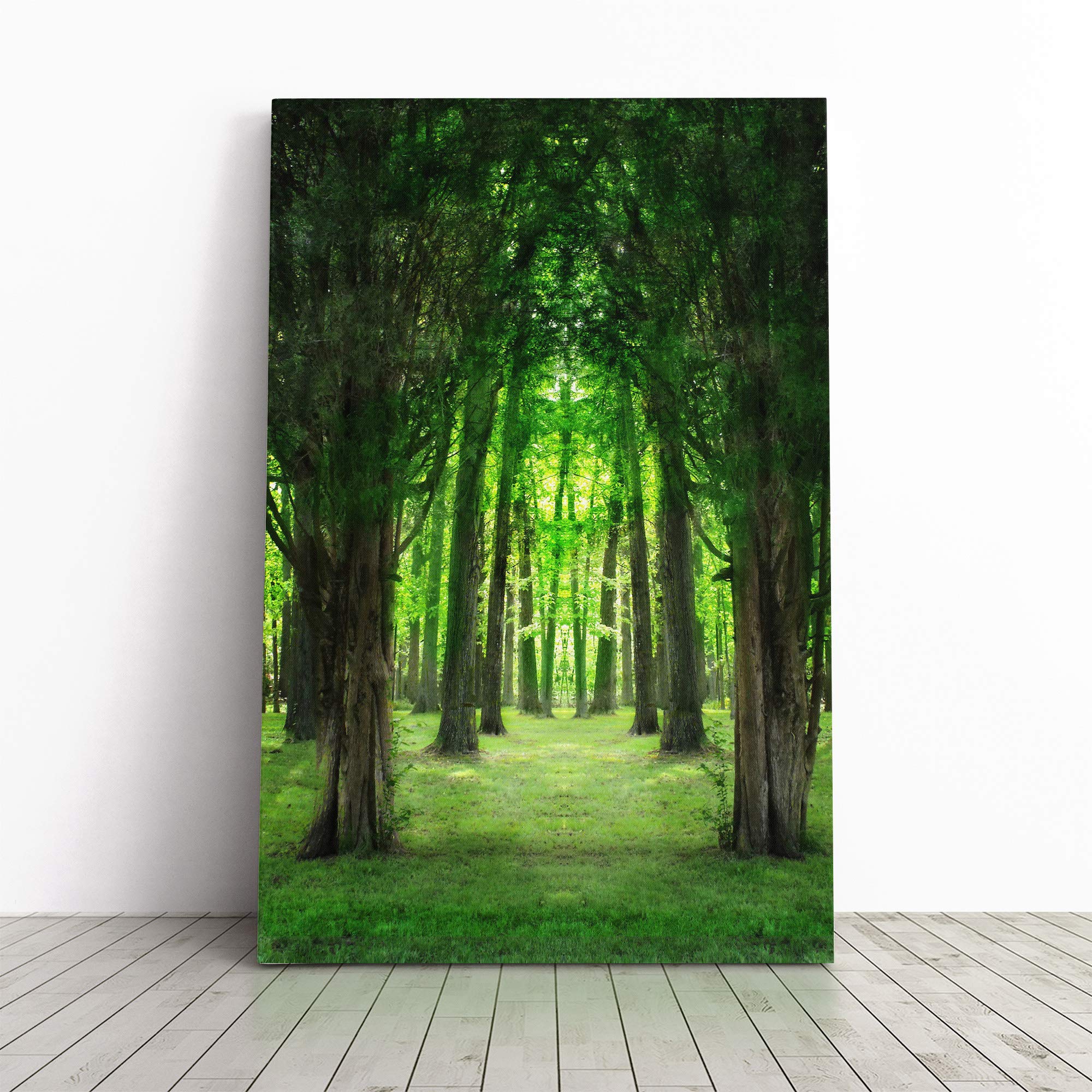 Green Forest Woodland Trees Landscape Canvas Print | Gallery Wrapped 30mm Frame Wall Art | 24x16 inches | Ready to Hang | Modern Landscape Picture | Living Room Bedroom Lounge Office