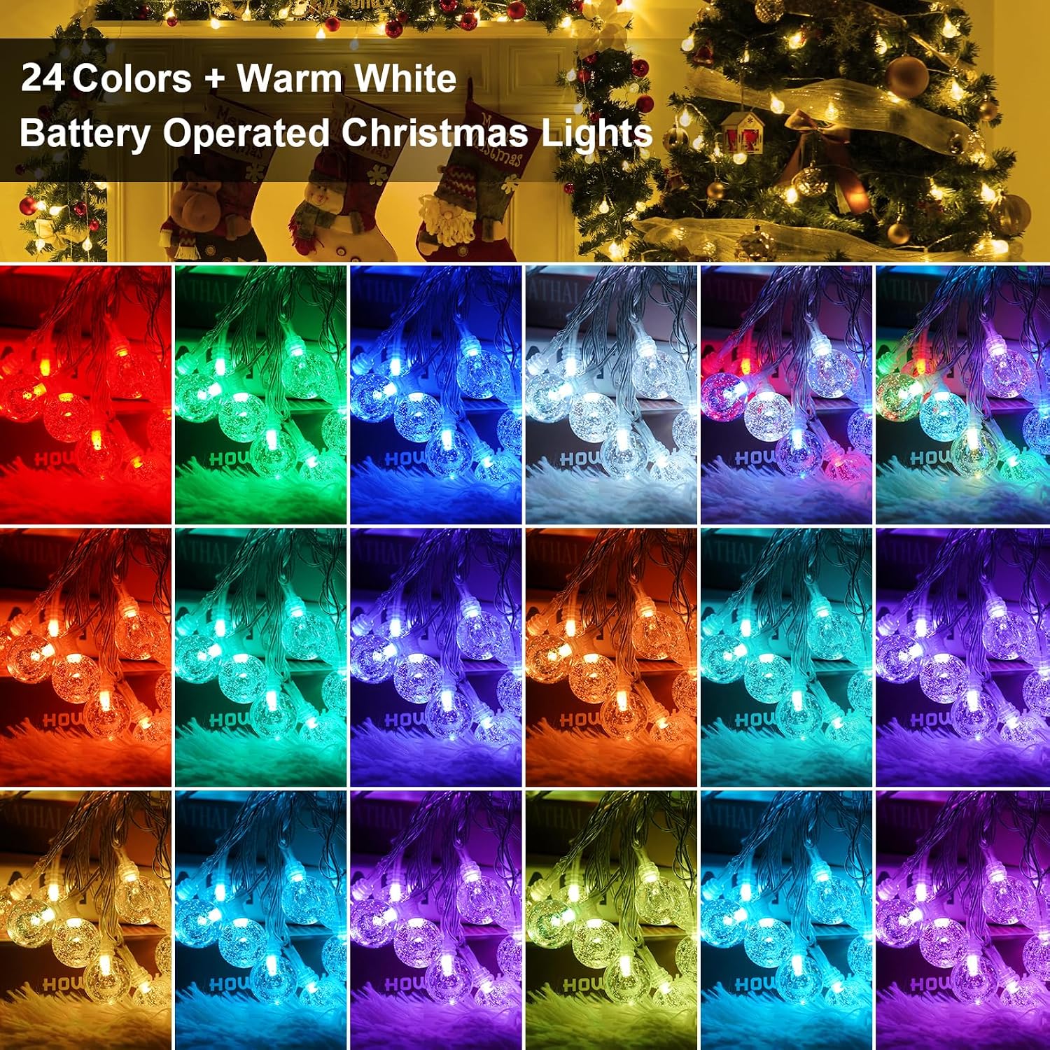 OMIKA 33FT Battery Operated String Lights, 24 Colors +Warm White 60 LEDs Battery Operated Christmas Lights, Indoor Outdoor USB Powered Fairy String Lights for Xmas Bedroom Garden Patio Balcony Decor