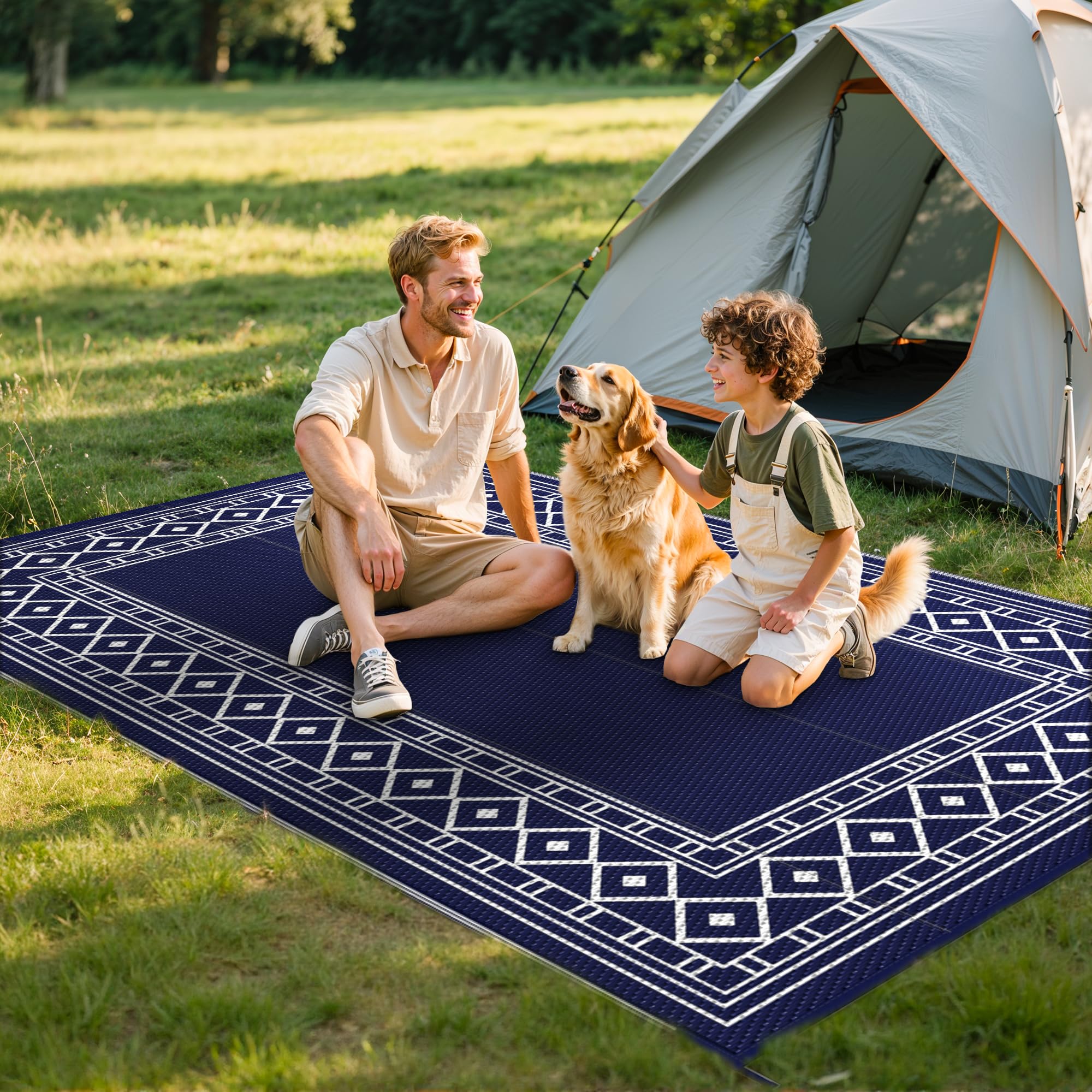 GENIMO Outdoor Teppich 275 x 365 cm, Extragroßer, Wasserdichter, Wendbarer Gartenteppich, UV-beständige Waschbarer Kunststoffteppich für Terrasse, Wohnmobil, Picknick, Garten Balkon, Weiß Blau
