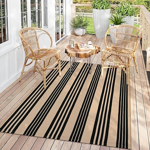 Vista 88 de Alfombra de exterior a rayas blancas y negras, 3 x 5 pies, de algodón, moderna, tejida a mano, reversible, alfombra de patio lavable en capas para 1