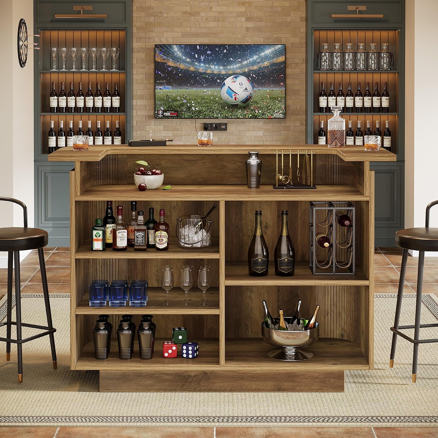Tribesigns 5-Tier Bar Cabinet with Storage, 37.4" Counter Height Bar Pub Table with 5 Cubbies Storage, U-Shaped Home Bar Unit for Kitchen, Dining Room, Bistro, Rustic Brown