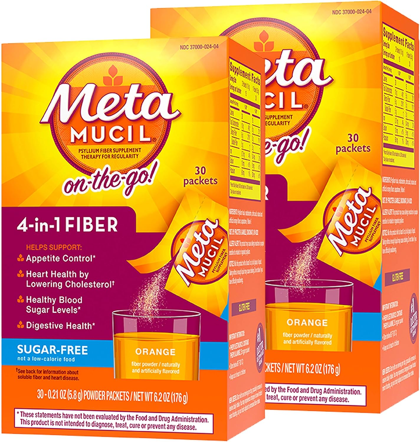 Metamucil On-the-Go, Psyllium Husk Fiber Supplement, 4-in-1 Fiber for Digestive Health, Sugar Free, Orange Flavored, 30 packets (Pack of 2) : Health & Household