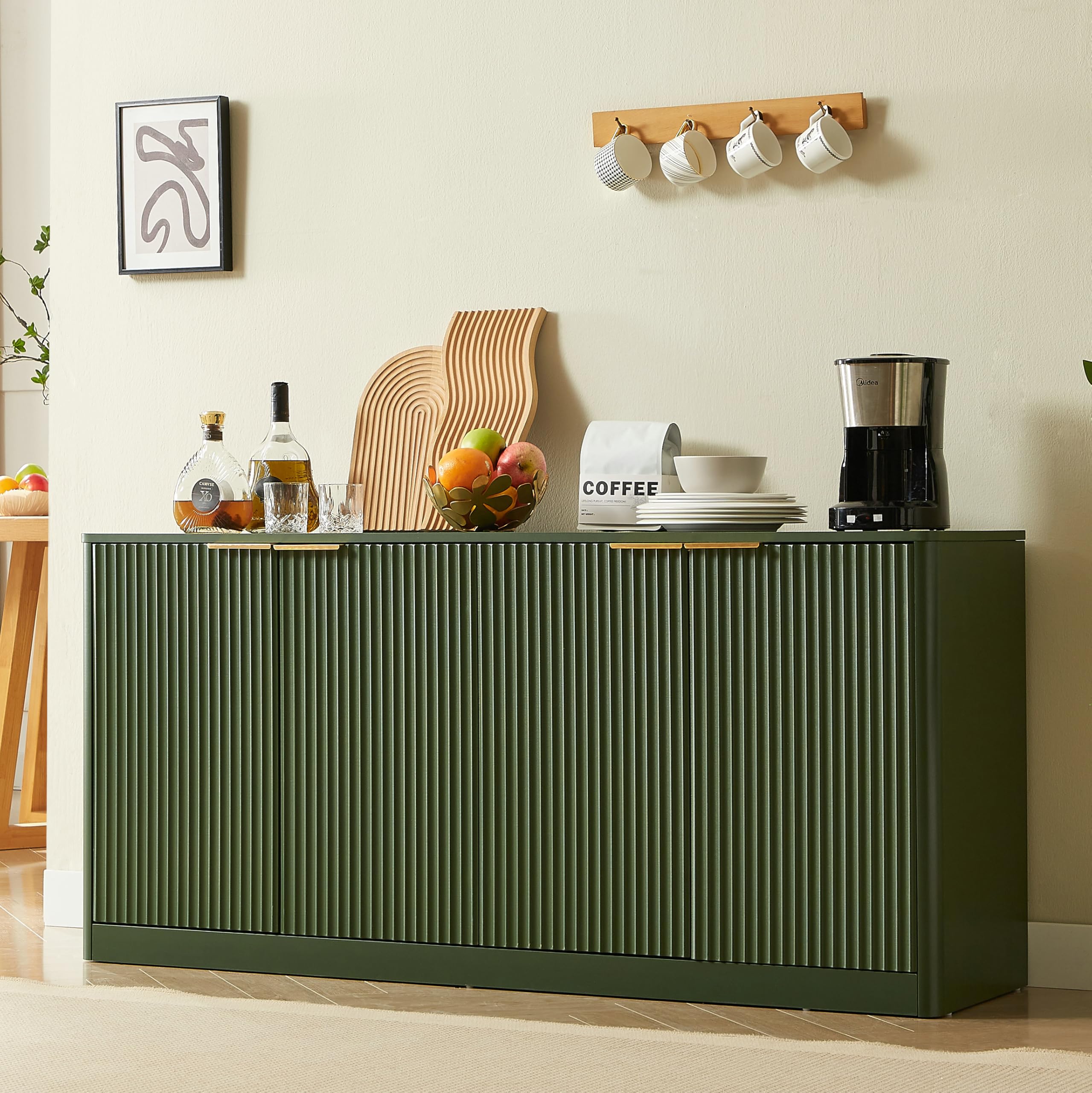 Photo 1 of ***LOOSE HARDWARE IN BOX*** Ball & Cast 59" Modern Fluted Sideboard Buffet Cabinet with Storage,Curved Design Kitchen Coffee Bar Cabinet with 4 Doors & Shelves,Wood Credenza Cabinets Media Console for Living Room,Green