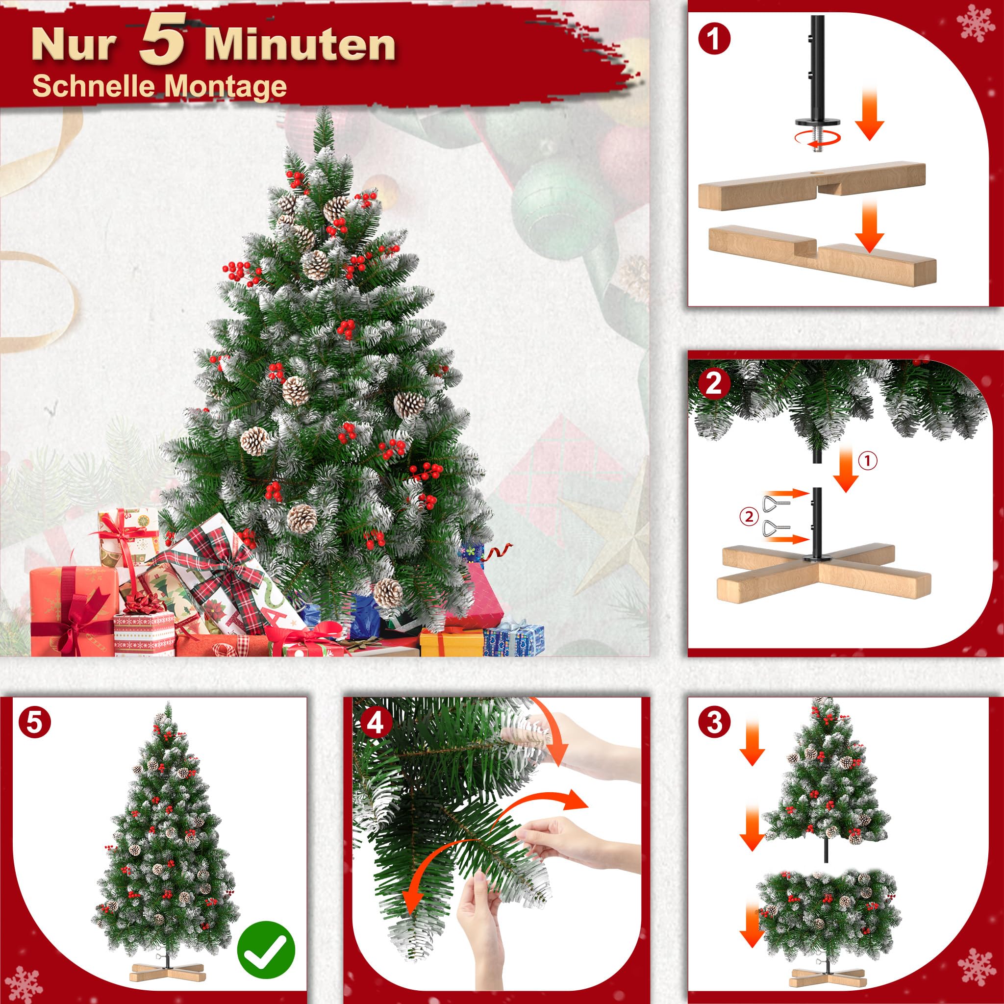 LILIIN Albero di Natale artificiale da 150 cm, effetto neve con pigne e bacche rosse, in PVC, con supporto, Ø 95 cm, albero di Natale infiammabile, per decorazioni natalizie