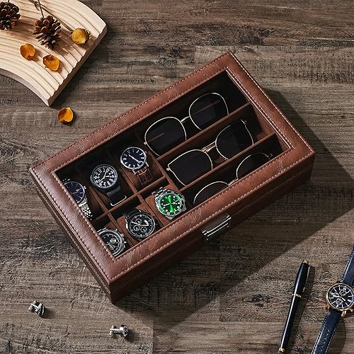 Miniatura 3 de BEWISHOME Caja de reloj con 6 ranuras y caja de gafas de sol de 3 ranuras para hombres, almacenamiento de lentes de sol con tapa de vidrio grande,