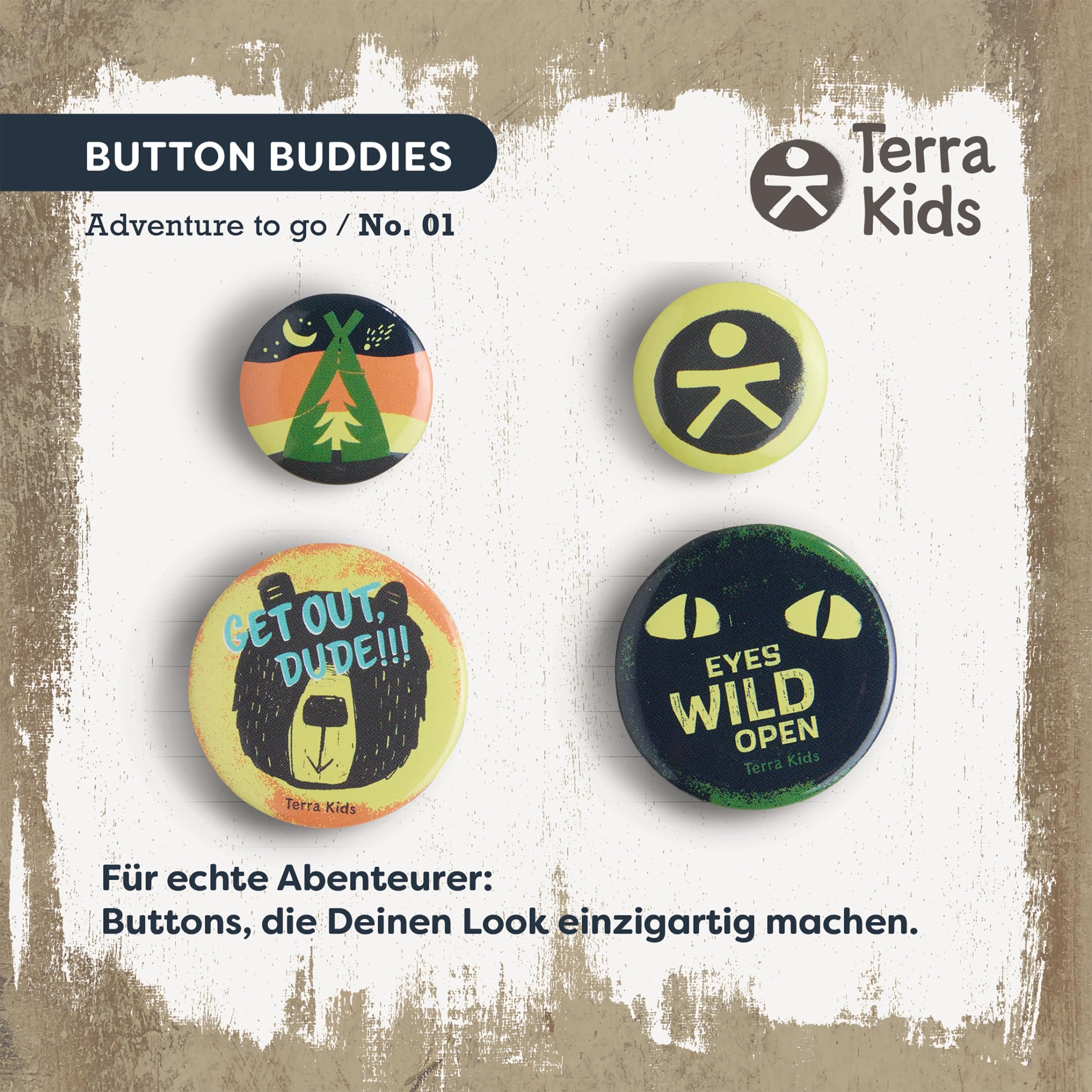HABA Terra Kids Button Buddies – 4er-Set Ansteckbuttons für Kinder mit coolen Abenteuer-Motiven – robuste Pins für Rucksack, Jacke & Kappe – Geschenk für kleine Entdecker – 2014021001