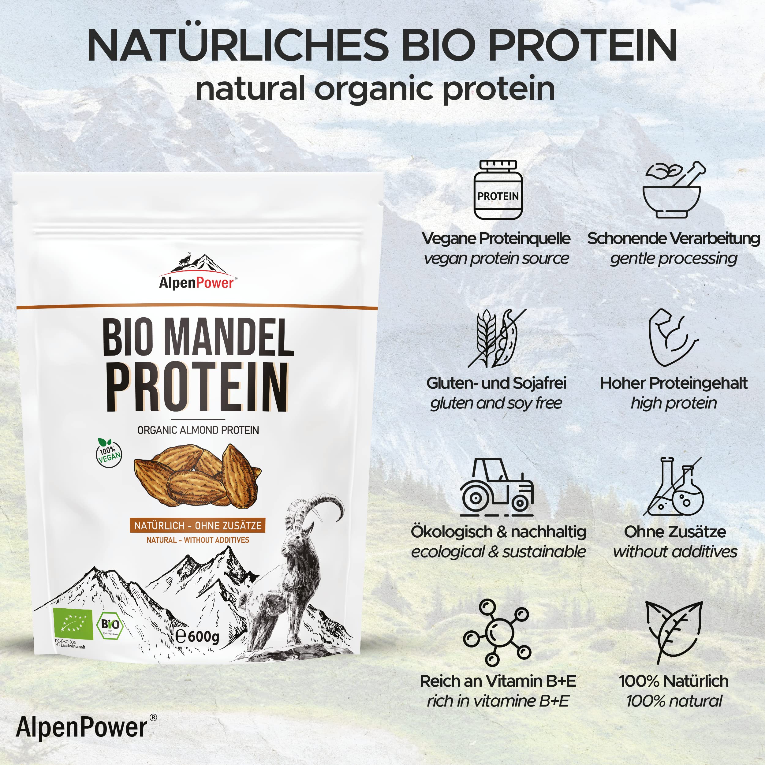AlpenPower BIO Mandelprotein-Pulver Vegan 600 g I 50% Eiweißgehalt I Glutenfrei I Reich an Calcium & Vitaminen I Natur pur - 100% Bio-Mandeln