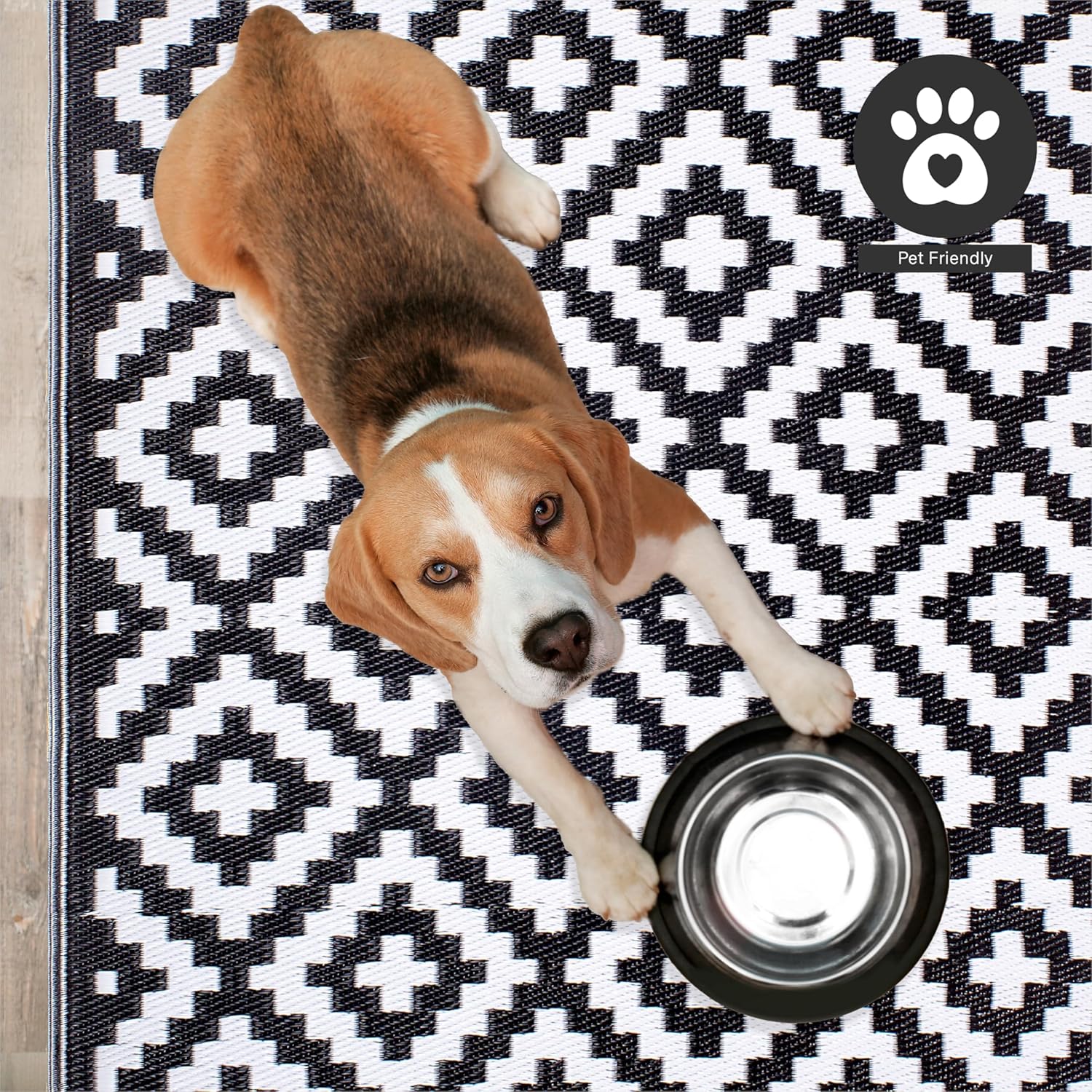 FH Home Outdoor Rug - Waterproof, Fade Resistant, Reversible - Premium Recycled Plastic - Geometric - Porch, Deck, Balcony, Mudroom, Laundry Room, Patio - Aztec - Black & White Crease Free - 3 x 5 ft