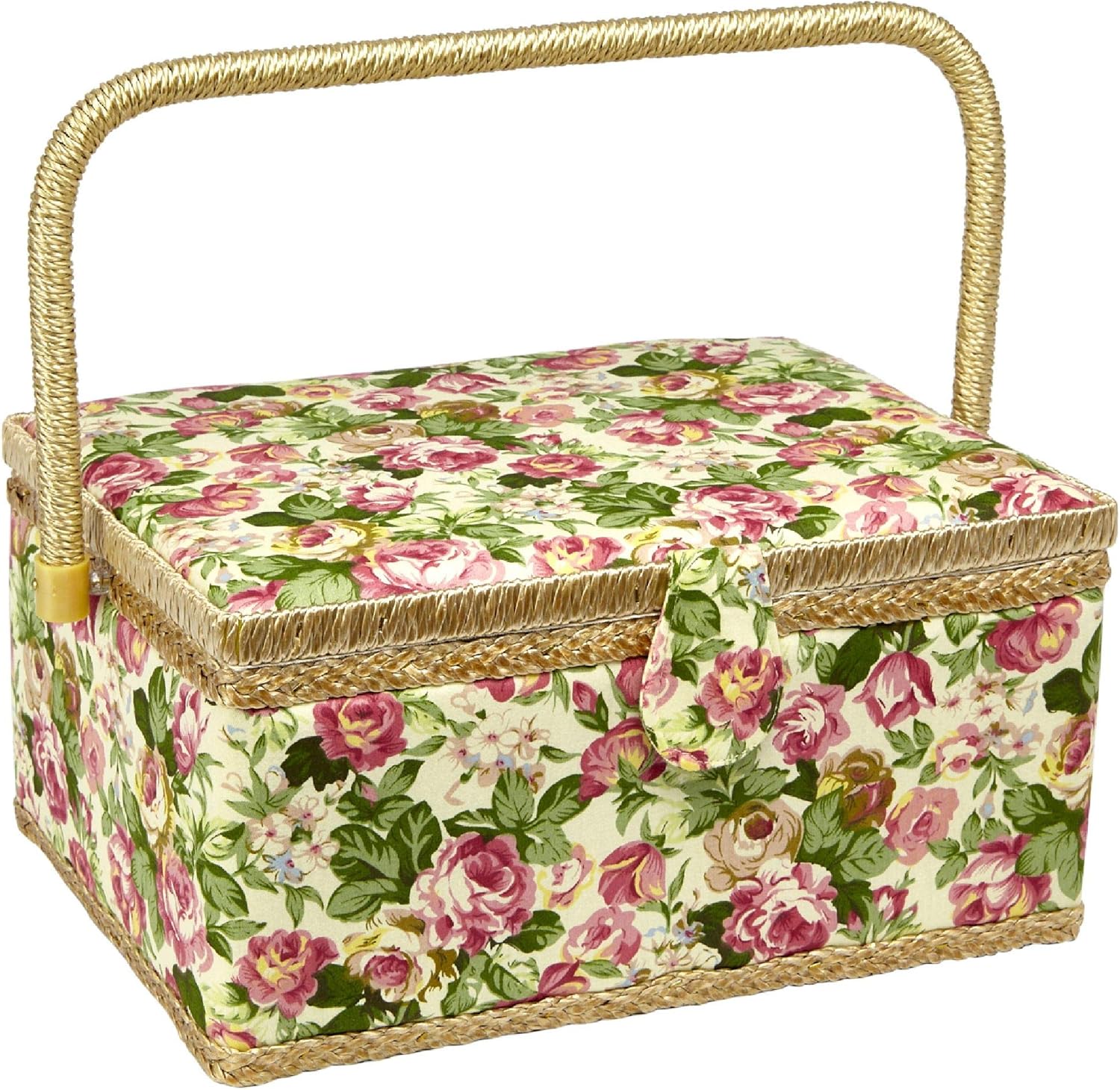 Sewing Basket with Rose Floral Print Design- Sewing Kit Storage Box with Removable Tray, Built-In Pin Cushion and Interior Pocket - Large - 12" x 9" x 6" - by Adolfo Design