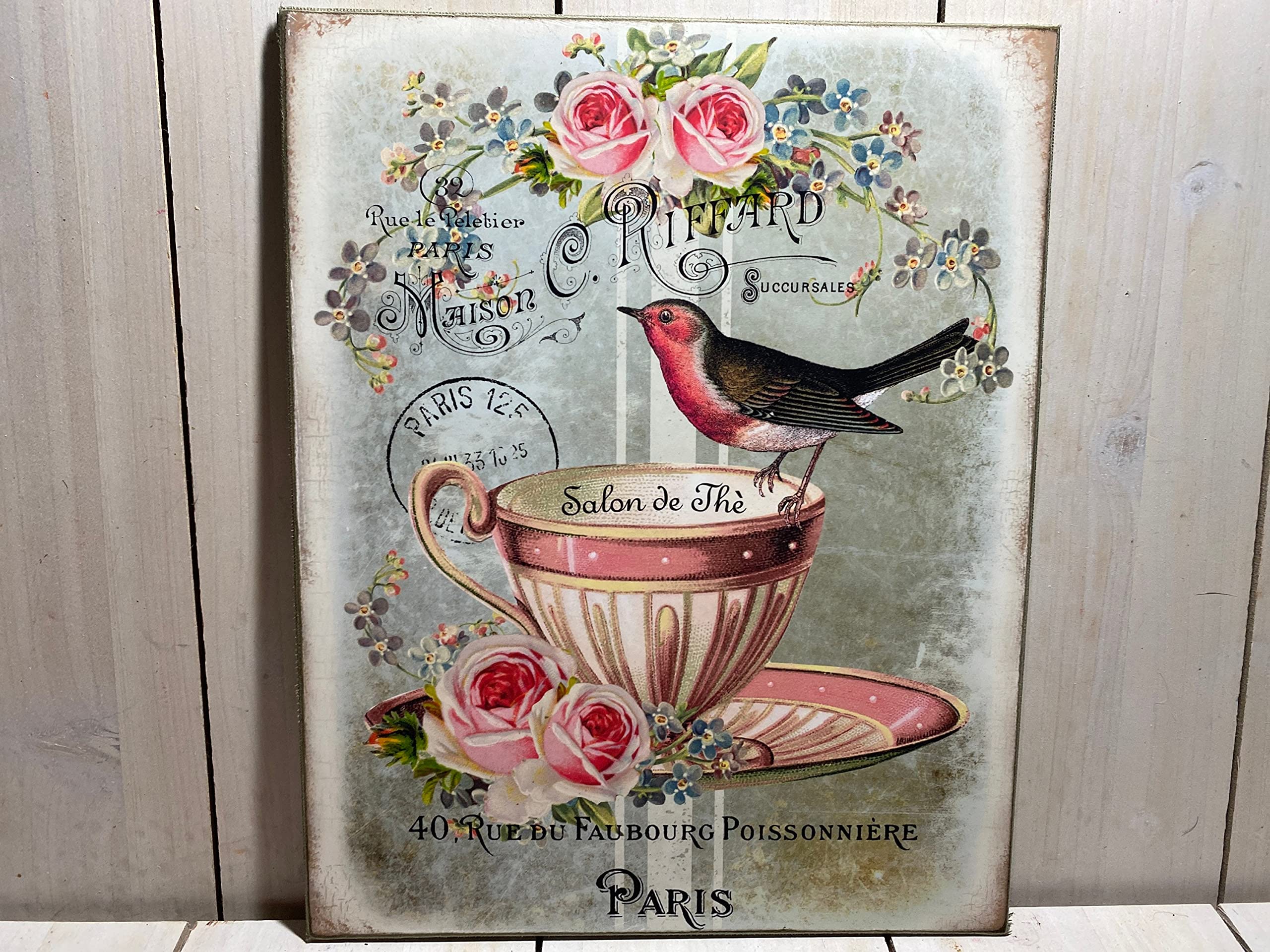 Pubertee Targa In Metallo Shabby Chic 20x30 Cm – Stile Vittoriano Con Uccello, Rosa Vintage, Decorazione Da Parete Per Casa E Caffè