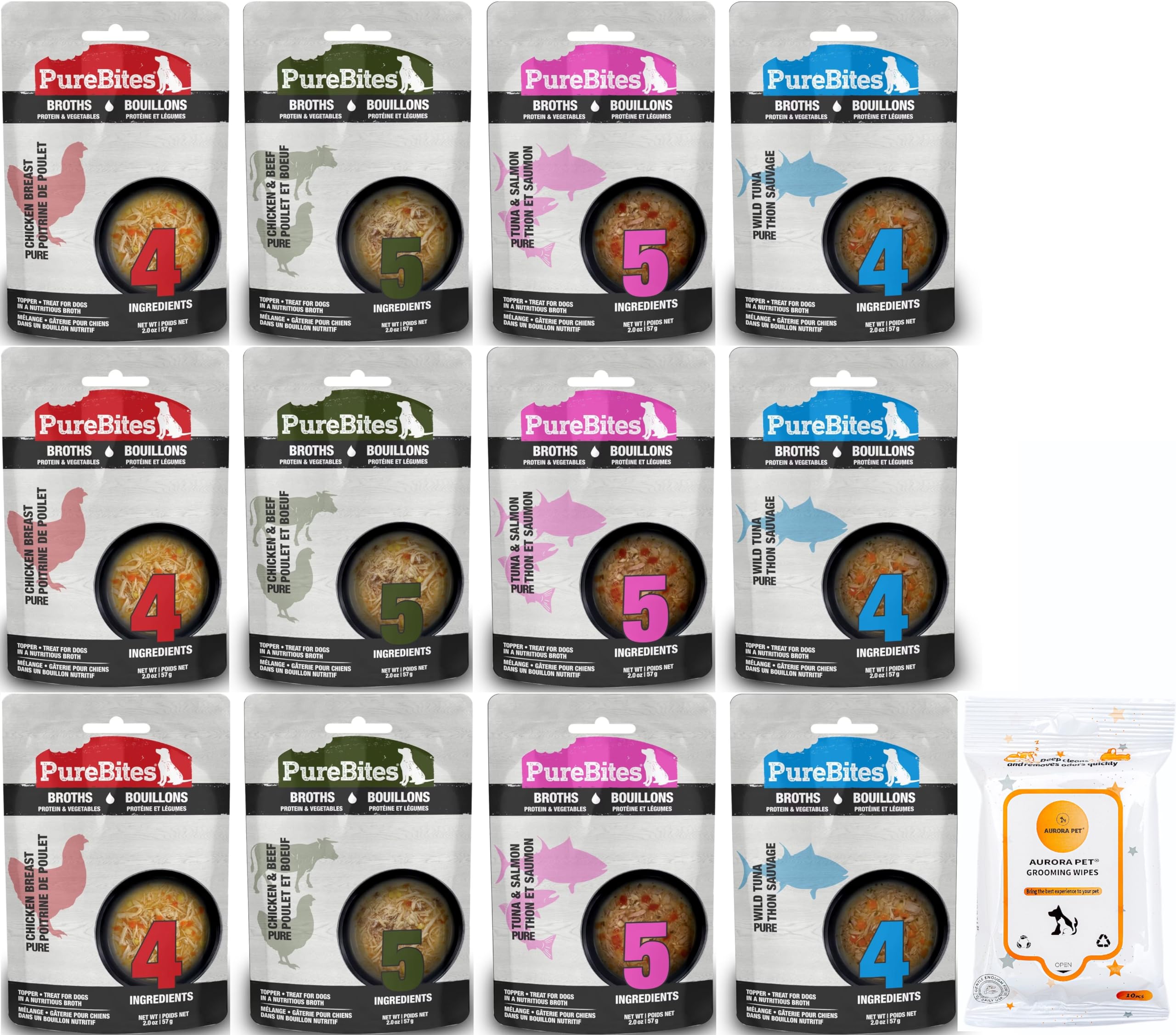 Aurora Pet Variety Pack (12) Pure Bites Grain-Free Dog Broths (3) Chicken & Beef (3) Chicken & Vegetables (3) Tuna & Salmon (3) Tuna & Vegetables [2-oz Each] with AuroraPet Wipes
