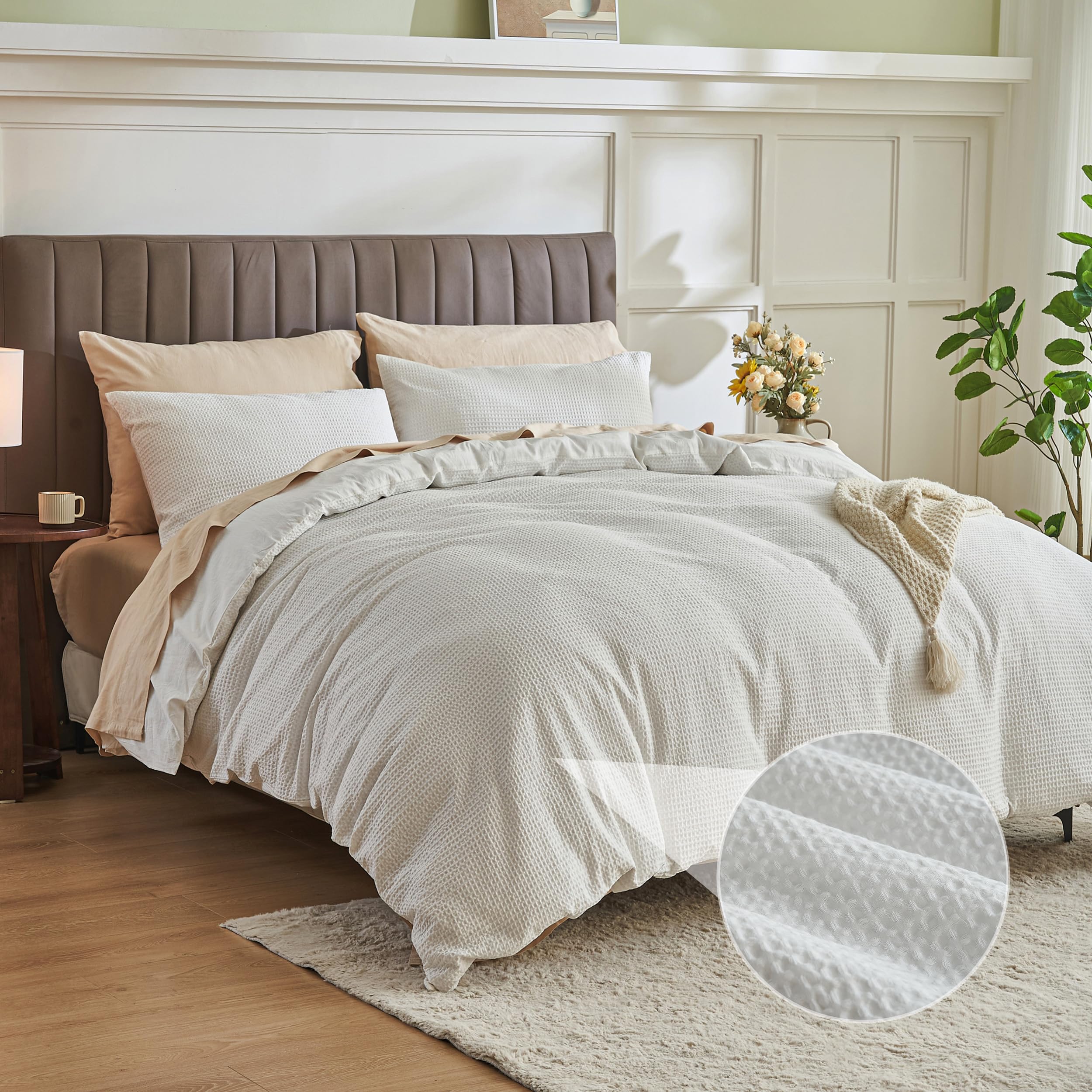 Simple&Opulence Waffle Duvet Cover Double Size, 100% Cotton Waffle Bedding with 2 Pillowcases