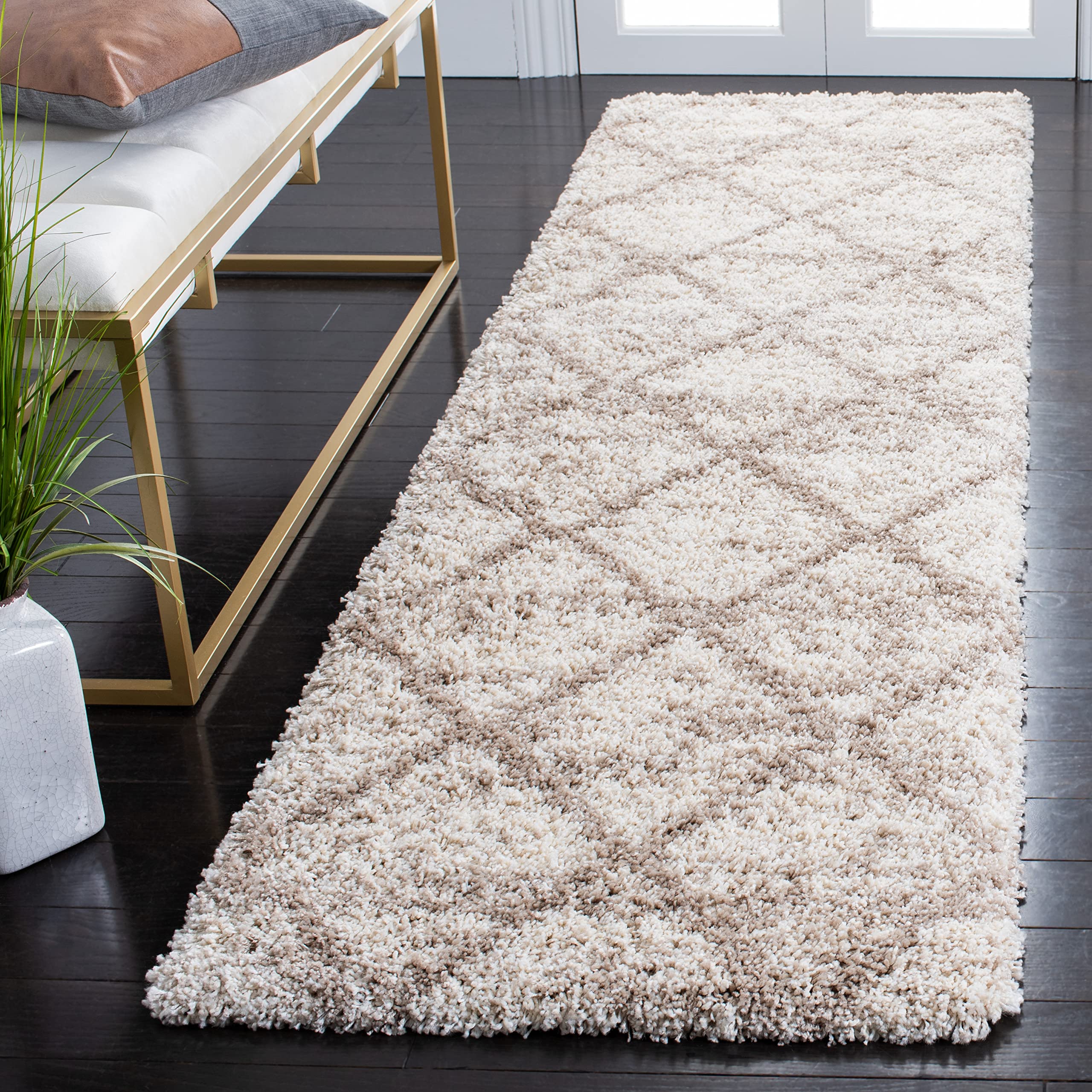 SAFAVIEH Hudson Shag Collection Runner Rug - 2'3" x 8', Multi Ivory & Beige, Trellis Design, Non-Shedding & Easy Care, 2-inch Thick Ideal for High