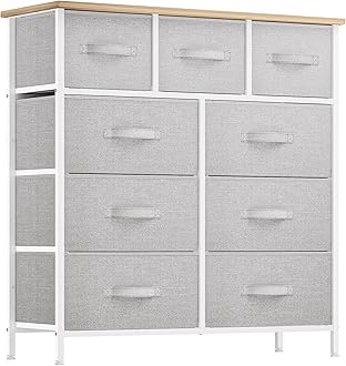 Dresser with 9 Drawers - Fabric Storage Tower, Organizer Unit for Room, Living Room, Hallway, Closets - Sturdy Steel Frame, Wooden Top & Easy Pull Fabric Bins (Light Gray)