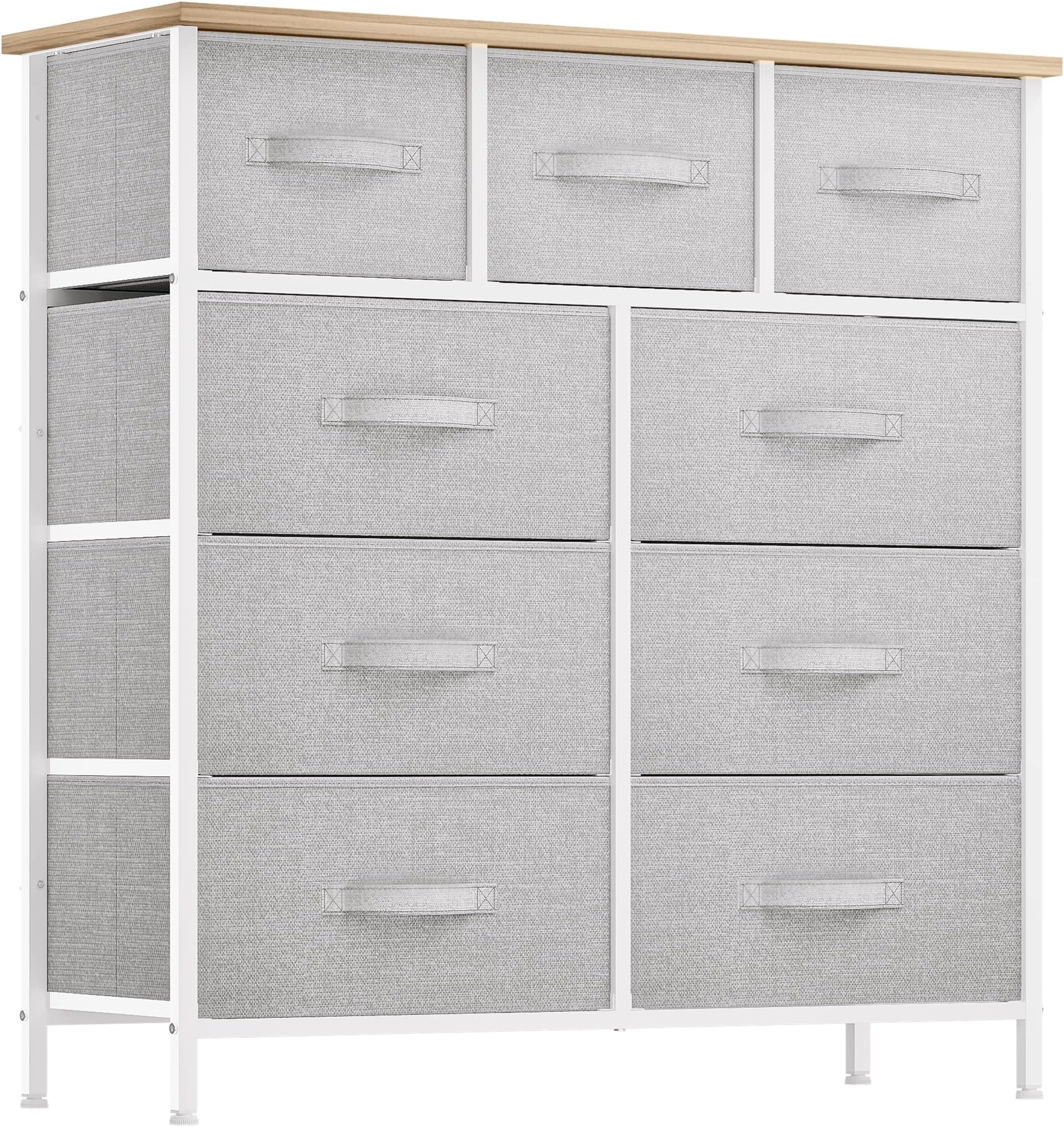 Dresser with 9 Drawers - Fabric Storage Tower, Organizer Unit for Room, Living Room, Hallway, Closets - Sturdy Steel Frame, Wooden Top & Easy Pull Fabric Bins (Light Gray)