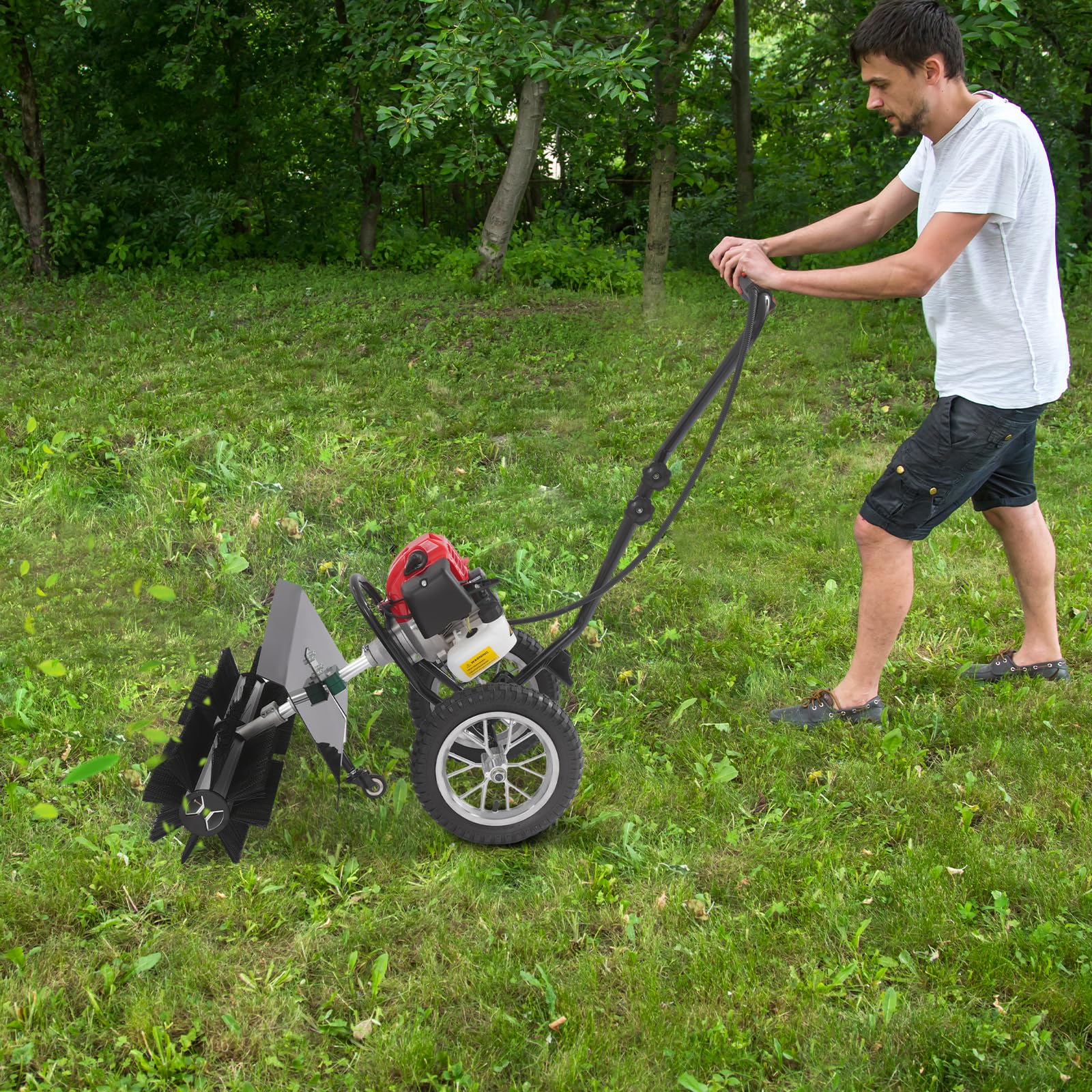 Benzin Kehrmaschine 43cc Motorbesen 1.25kW, Handgeführte Kehrmaschine mit 60cm Kehrbreite, Power Sweeper 8500rpm für Kunstrasen, Gehwege & Schneeräumung, Höhenverstellbar, Schwarz