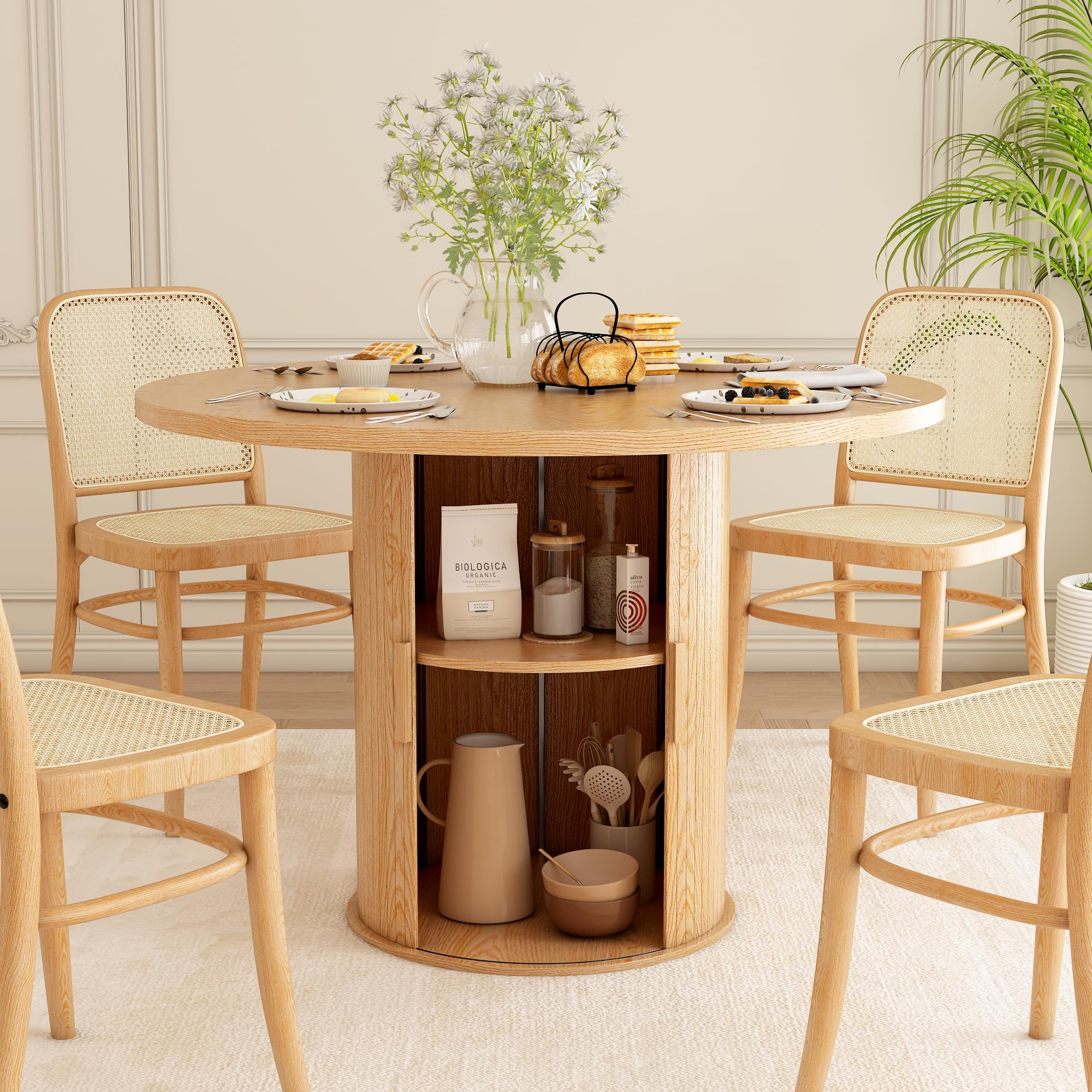 Esstisch Rund 110 cm mit 2-lagigem Stauraum, Küchentisch mit stabilem Metallgestell, Runde Moderne Esstische für 2–4 Personen für Esszimmer, Küche, Homeoffice (Helle Eichenfarbe)