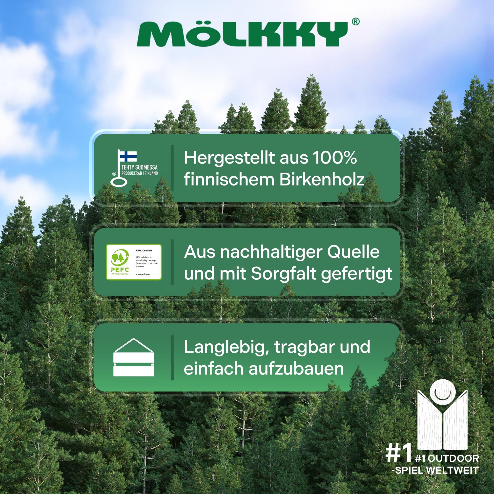Mölkky Original - Holz Wurfspiele für Draußen, Garten, Picknick, Strand, Freizeit, Camping - Birkenholz 12 Kegel,1 Stock, Spiel Outdoor für Familie, Gruppen, 2+ Spieler, ab 6 Jahren