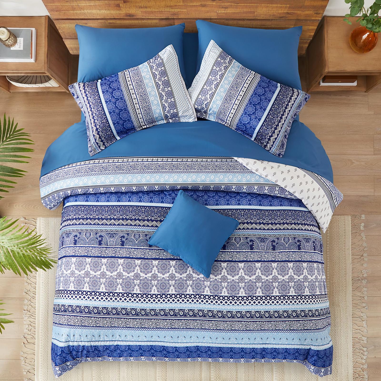 WONGS BEDDING Bohemian Double Duvet Cover Set Royal Blue Colorful Boho Striped Bedding Set including 2 Pillowcases Soft Microfiber Moroccan Quilt Cover 200x200cm