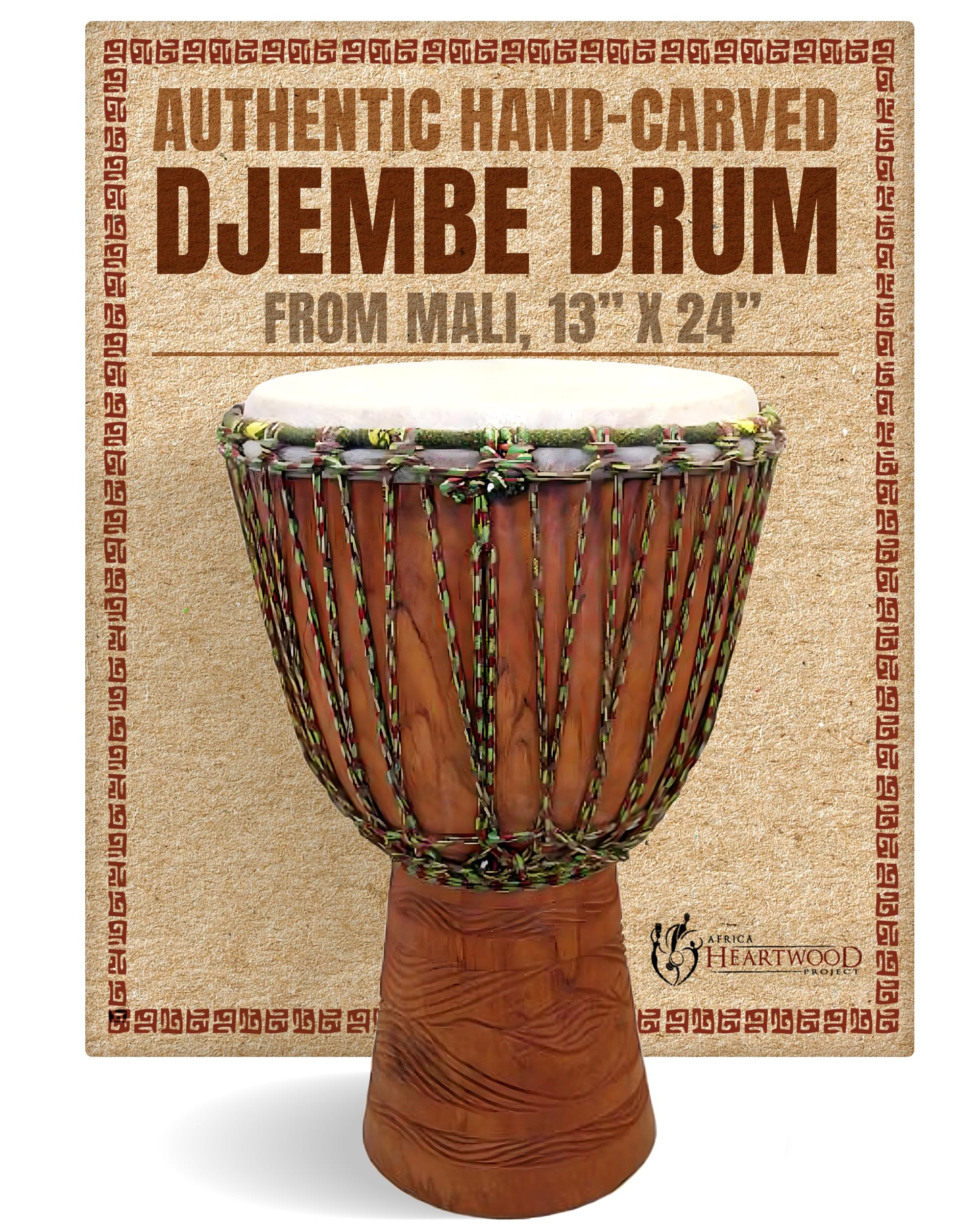 Africa Heartwood Project Hand-Carved Professional Djembe Drum from Mali - 13"x24" Full-Size Percussion Instrument with Premium Sound, Solid Hardwood & Natural Goat Skin