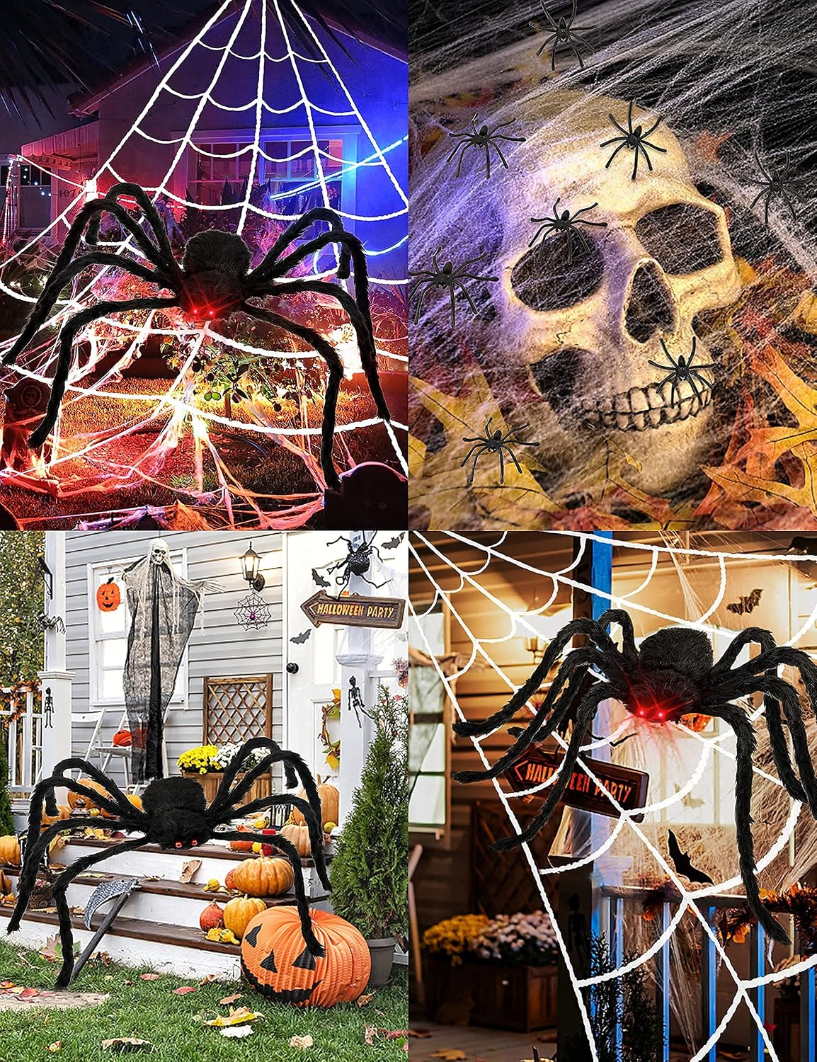 HOPOCO Halloween 200" Spider Web + 59" Giant Plush Spider Decorations with Red Eyes + 20 Plastic Spiders+ 20g Stretch Spider Web for Indoor Outdoor Halloween Decorations for Party Porch Décor