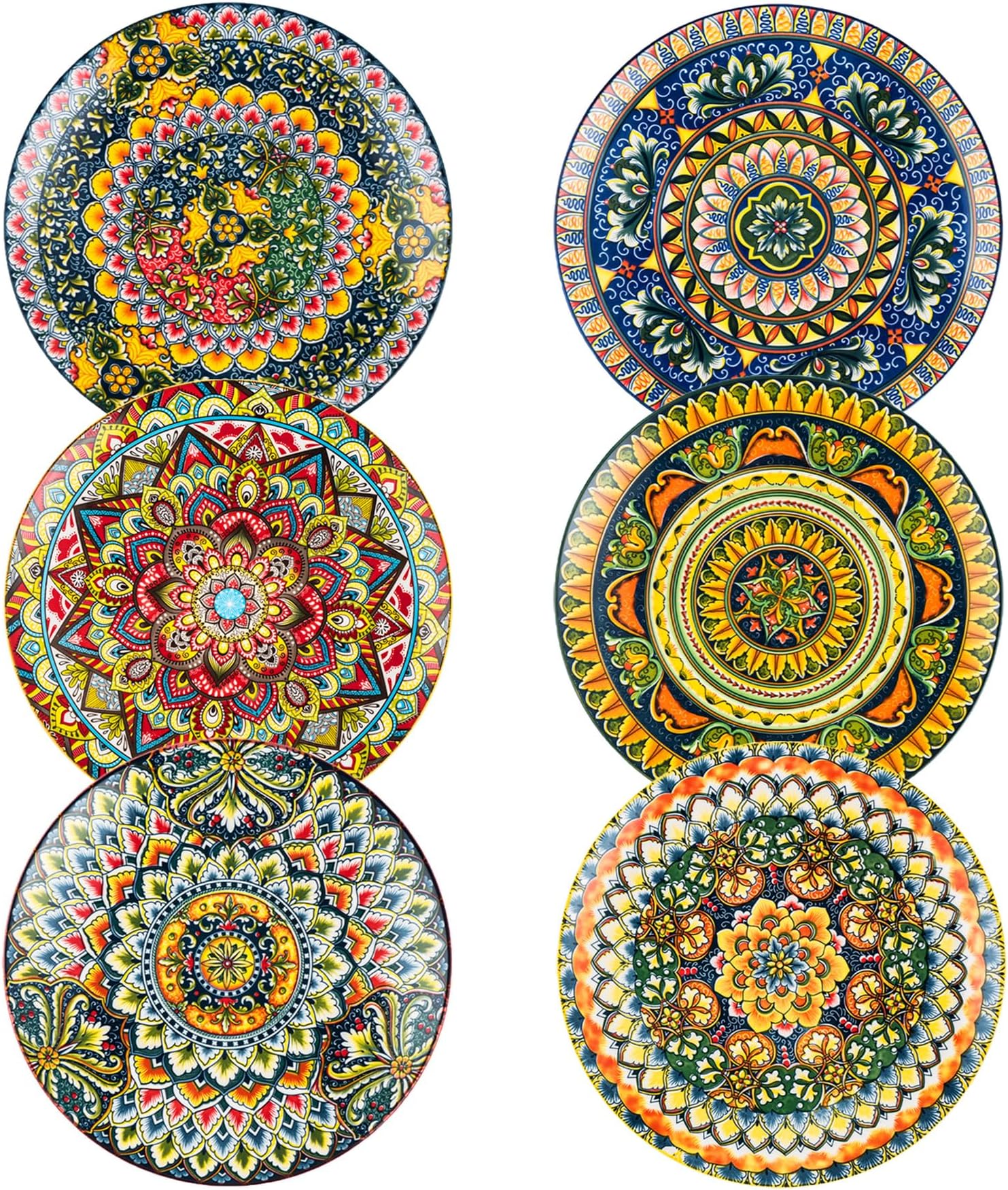 Henten Home Dessert Plates, Ceramic Salad Plate Set of 6-8 inch, Flat Kitchen Colorful Round Plate - Bohemian Style