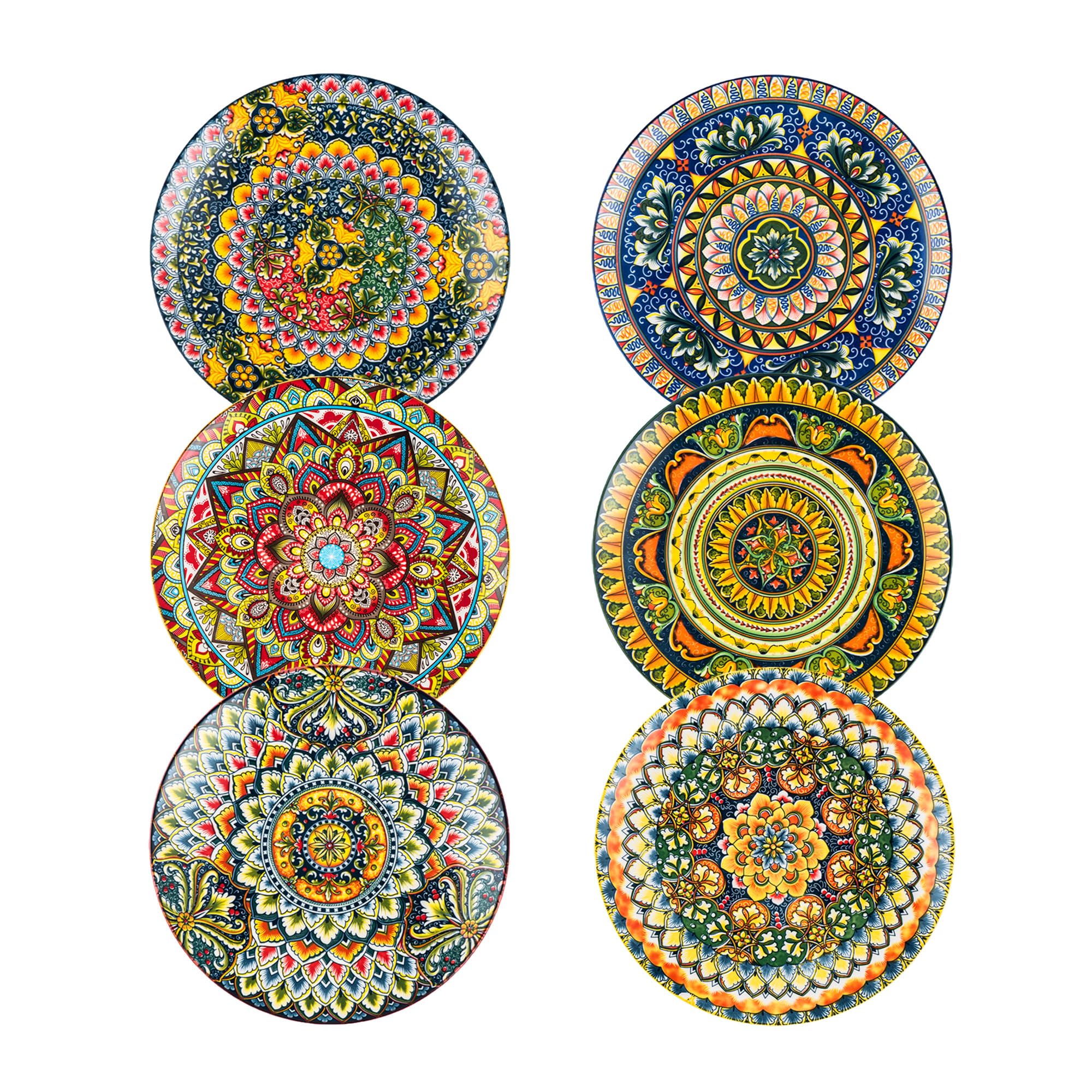 Henten Home Dessert Plates, Ceramic Salad Plate Set of 6-8 inch, Flat Kitchen Colorful Round Plate - Bohemian Style