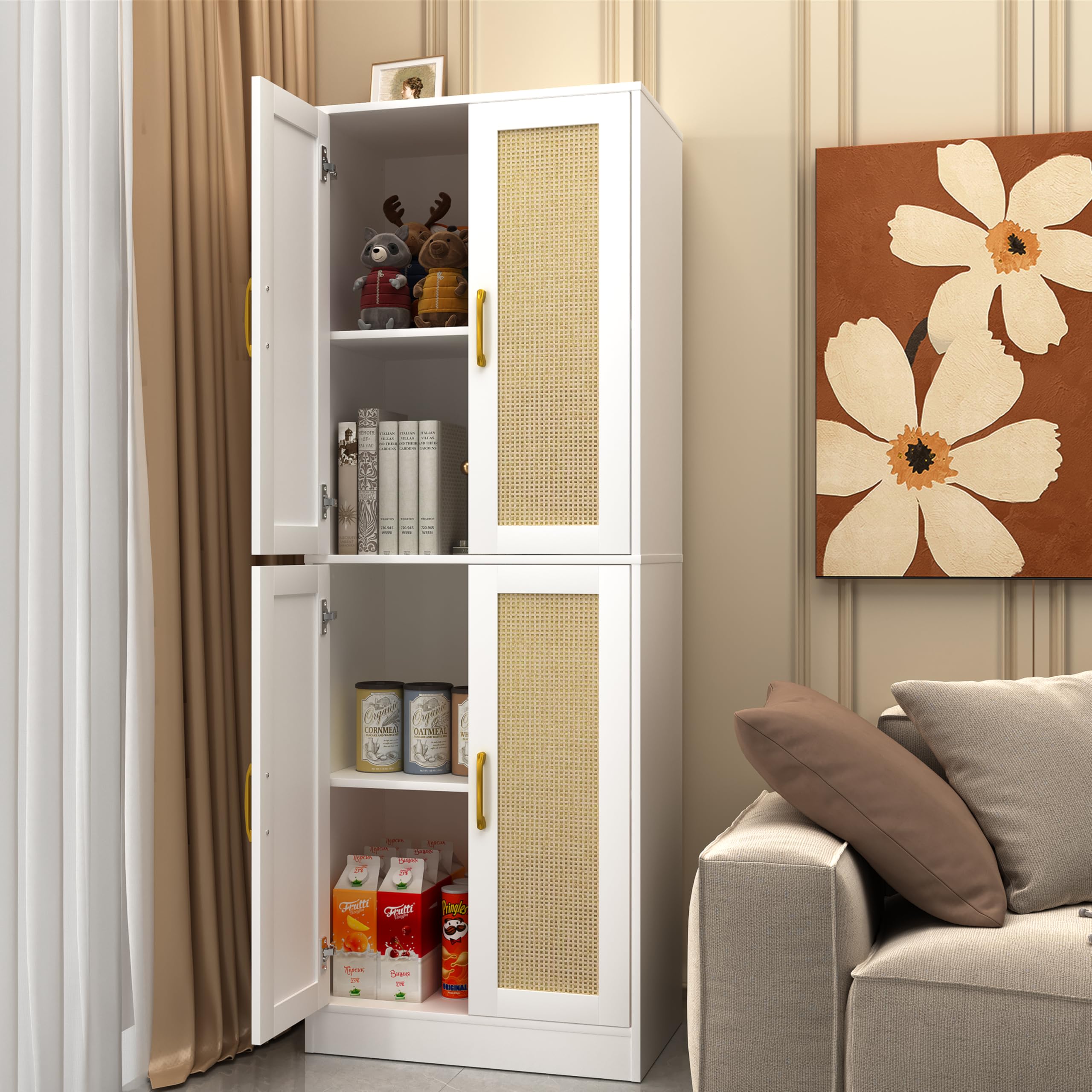 XSUQGP Storage Cabinet,Kitchen Pantry Cabinet with 4 Rattan Doors and Adjustable Shelves,Tall Storage Cabinet for Bathroom, Living Room, Laundry,White