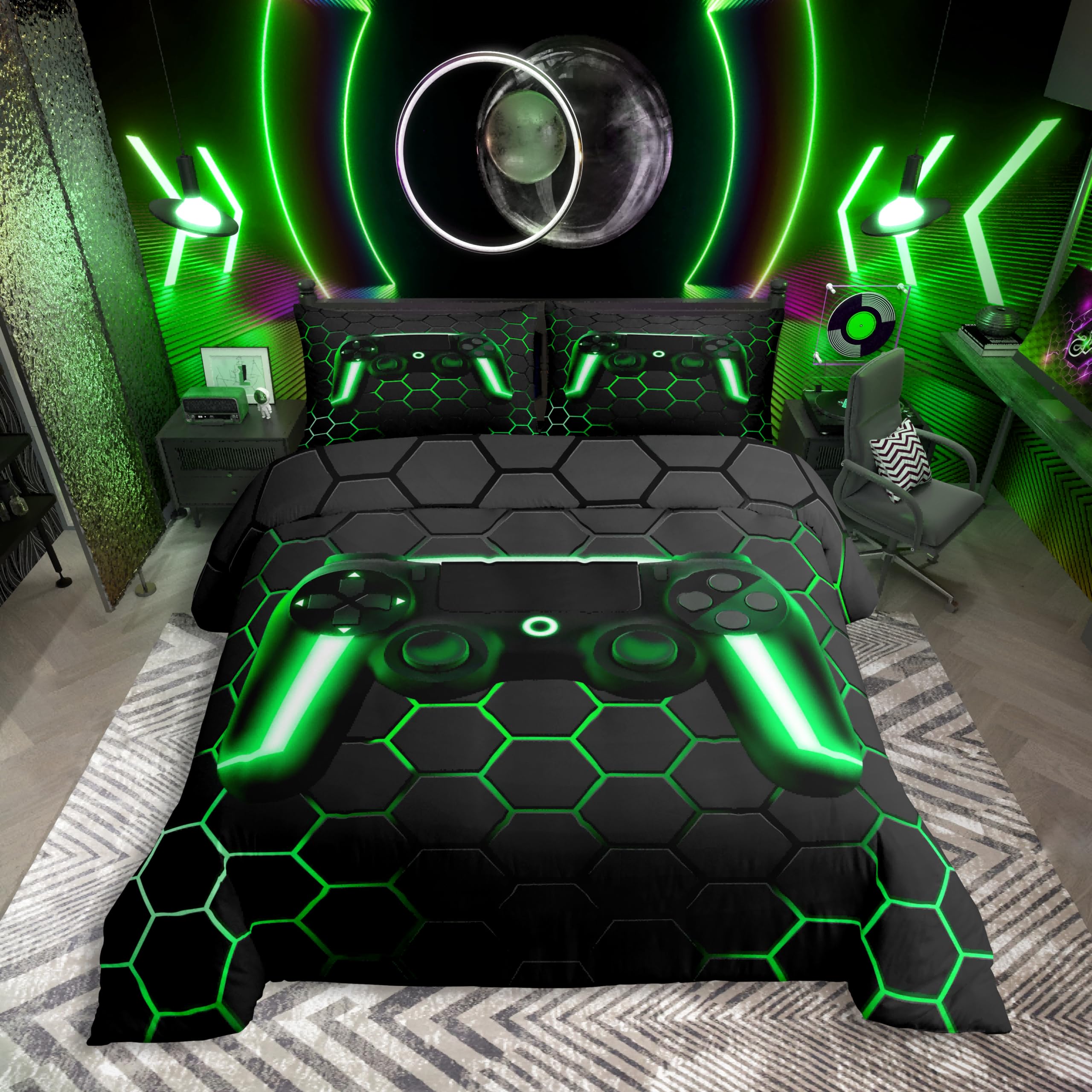 Homewish Juego de ropa de cama geométrica con diseño de panal de abeja, juego de ropa de cama para niños, adolescentes, jóvenes, colmenas, hexágonos, 2 unidades, 155 x 220 cm, gris y verde
