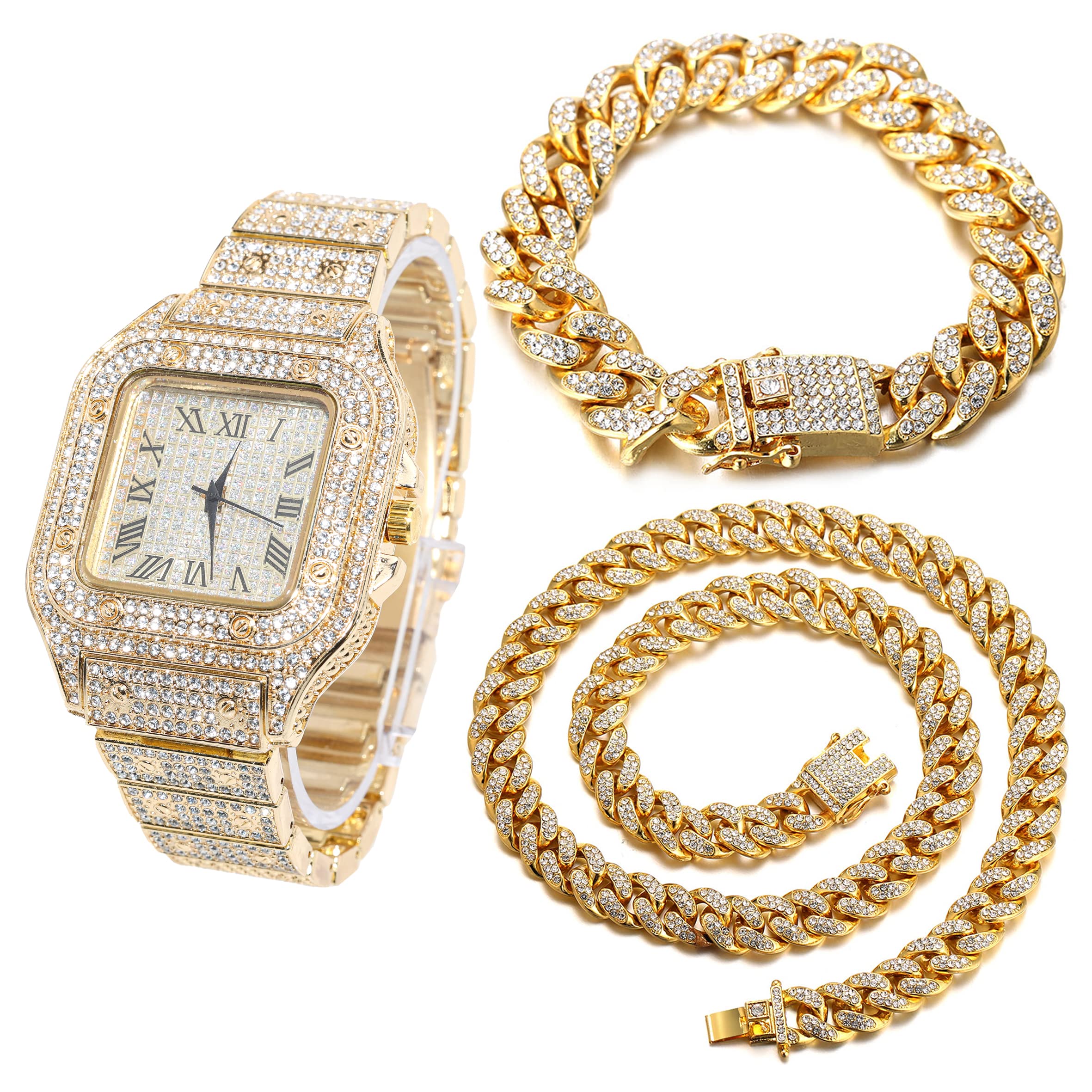 HALUKAKAHDiamonds Gold Watch Iced Out,Men's 18K Gold/Rose Gold/Rhodium Black/Platinum White Gold Plated 40MM Width Square Dial Quartz, Optional Cuban Link Chain Necklace Bracelet,Free Giftbox