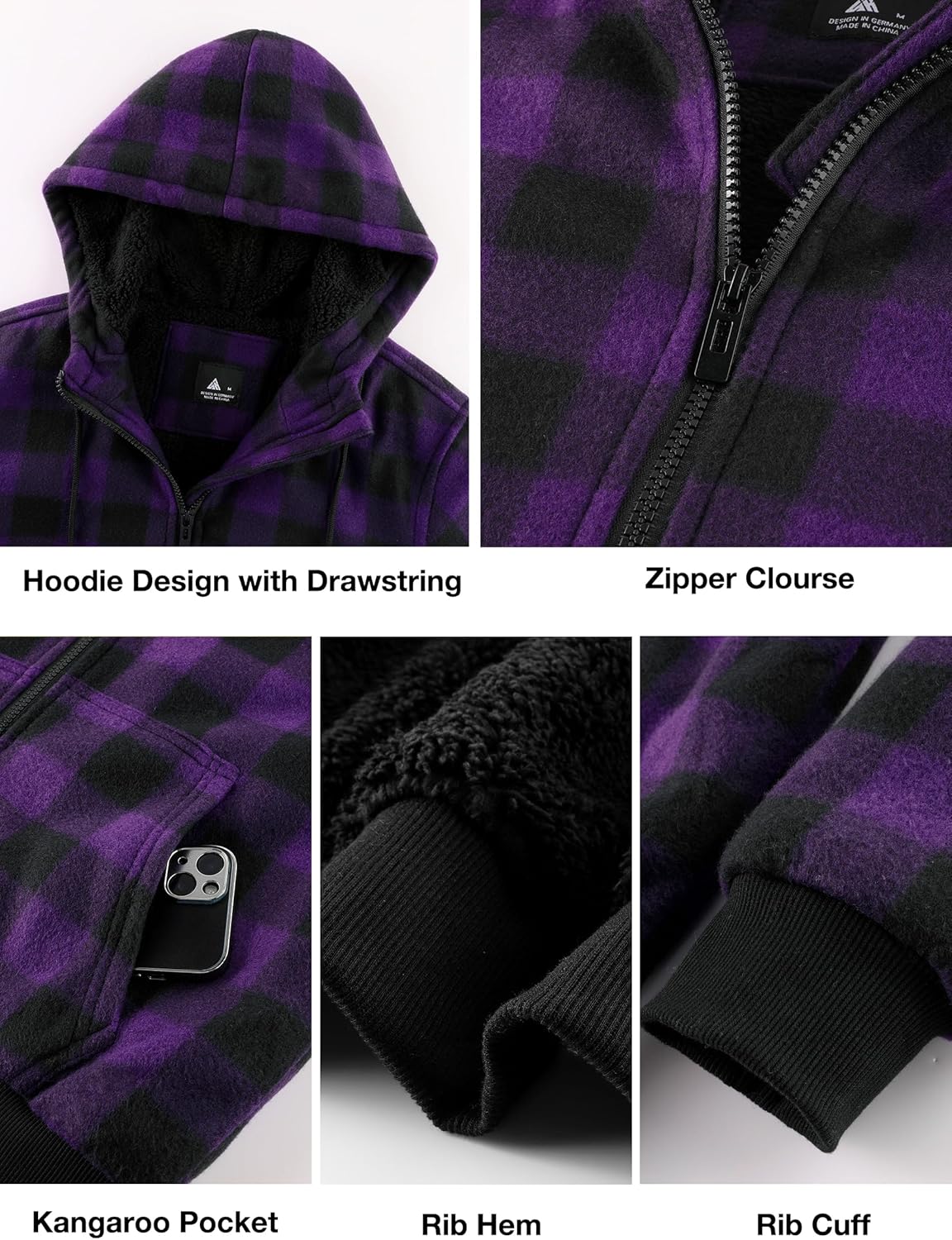 ZITY Hoodies for Men Flannel Fleece Sweatshirt Plaid Full Zip Up Jacket Sherpa Lined Winter Warm Coat