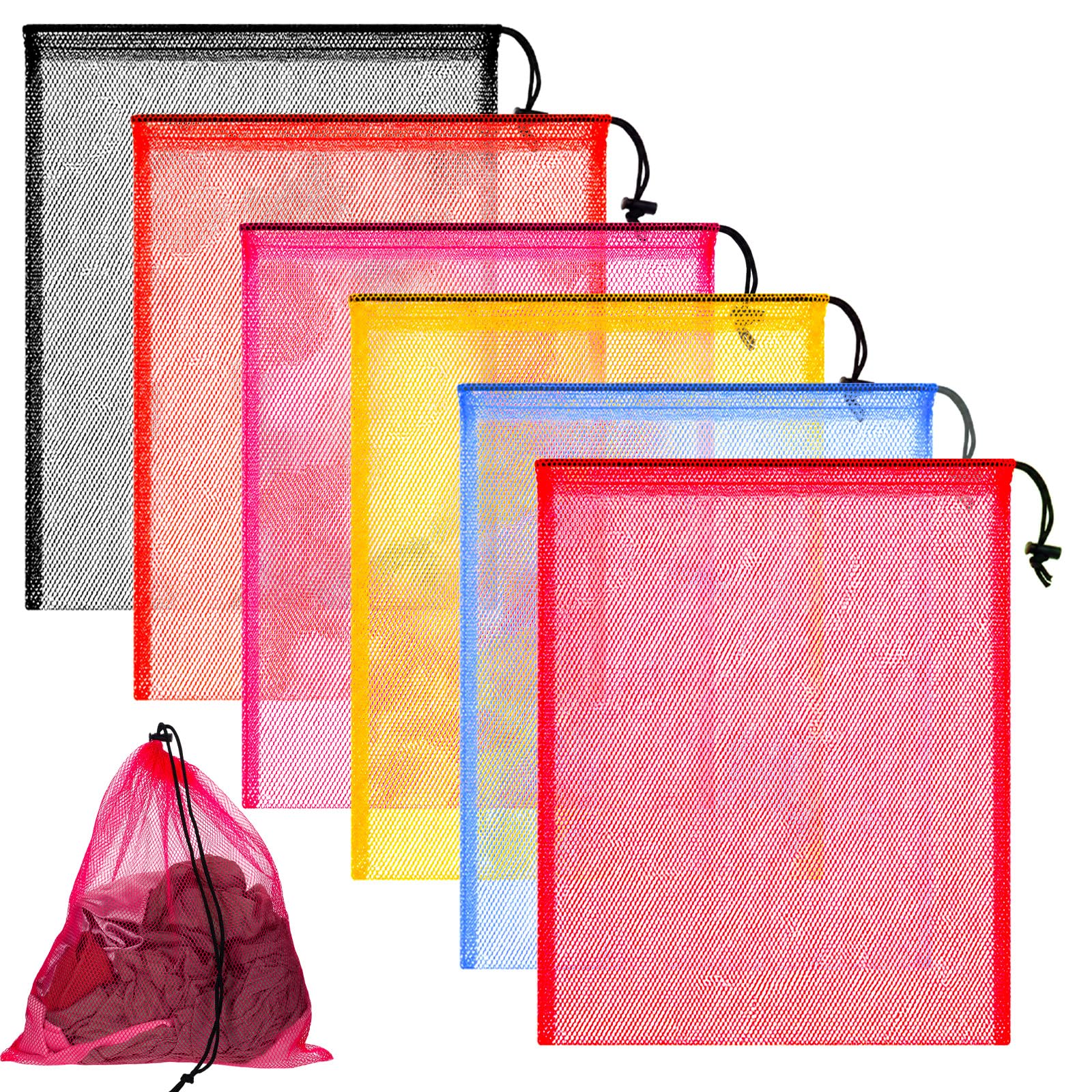 6 Pack Multicolor Mesh Drawstring Bag, 13.38x15.75 Inch Breathable Nylon Mesh Bag with Drawstring Lock Closure, Multipurpose Storage for Gym, Laundry, Beach, Toys and Travel